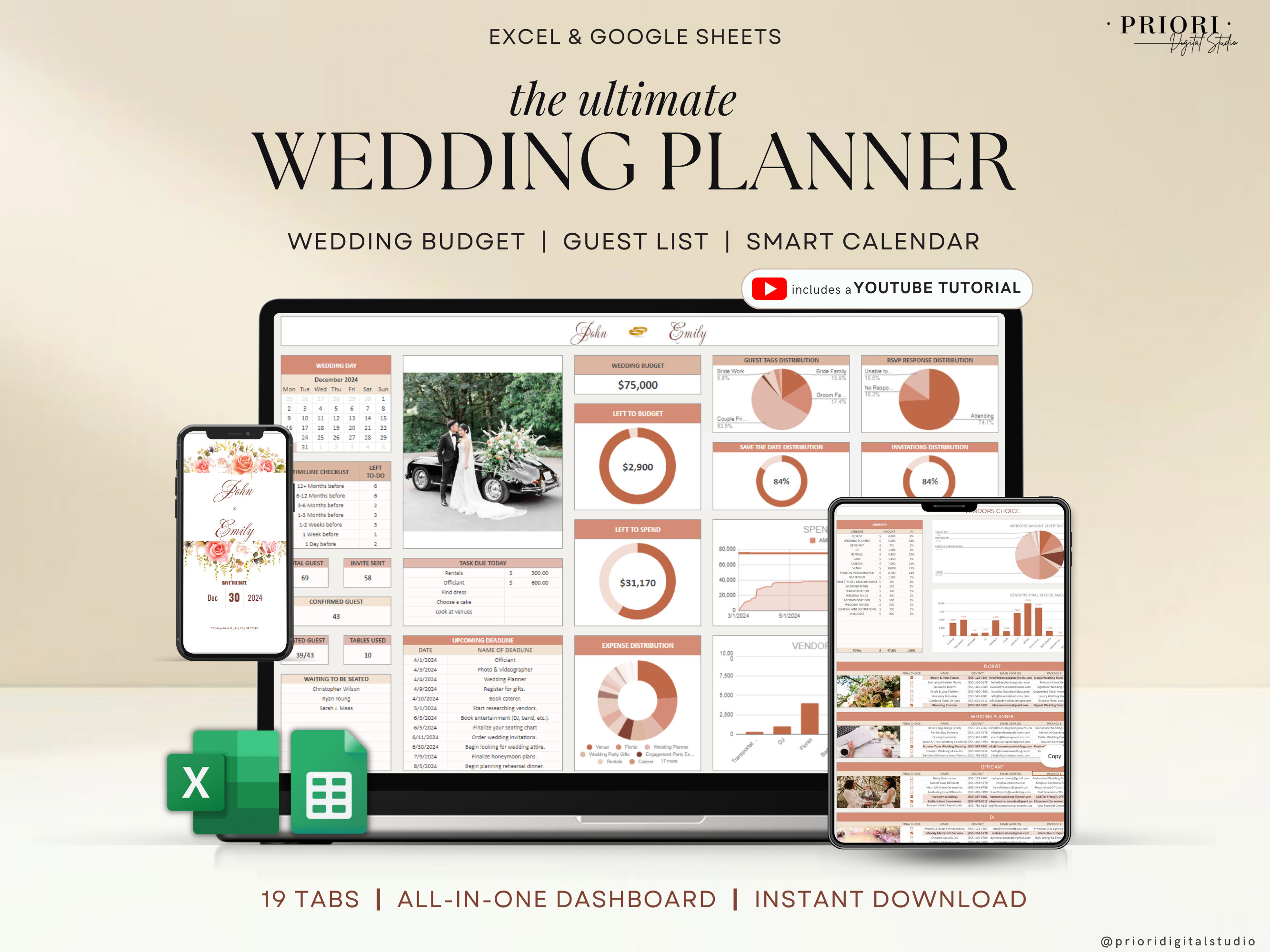 Foglio di calcolo per wedding planner, Tracker del budget per il matrimonio, Timeline per il matrimonio, Tracker della lista degli invitati, Itinerari