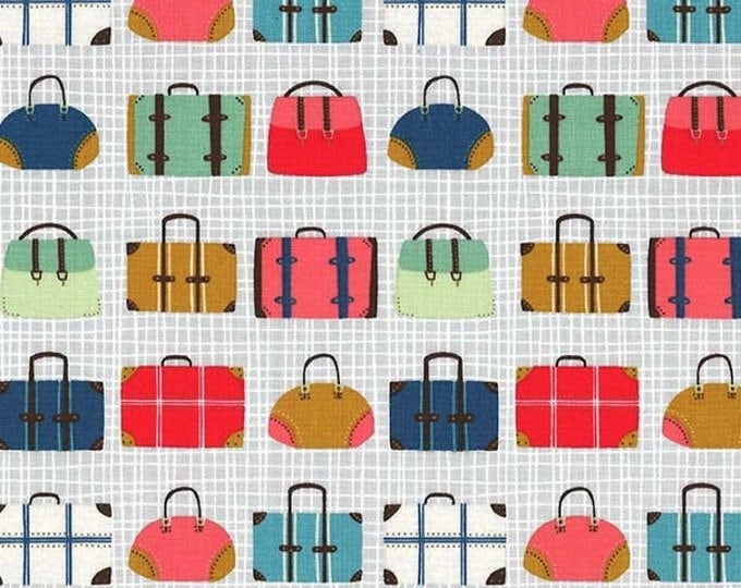 Rare - By The Continuous HALF YARD - Travel Daze by Michael Miller, Pattern #CX8437-PEWT-D Pack Up, Colorful Luggage on Gray Crosshatch