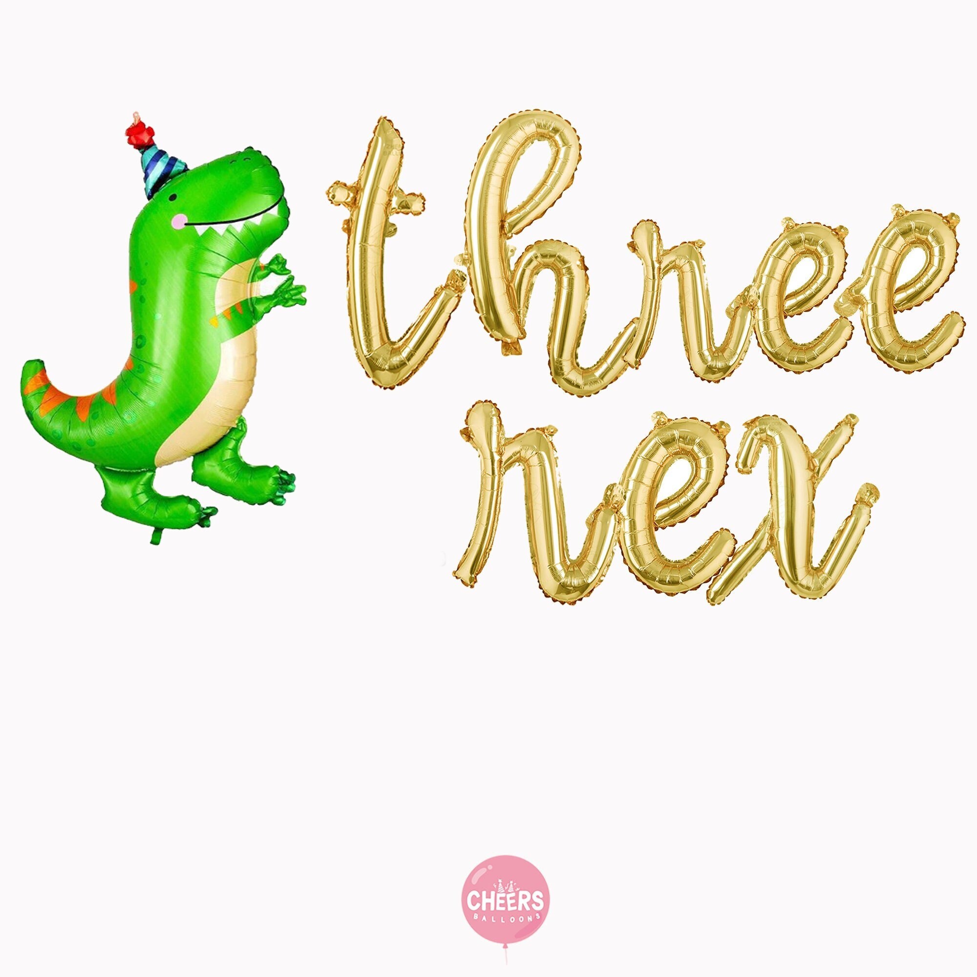 Tre palloncini con lettere in corsivo Rex Gold Script, Terzo compleanno, T-REX, Compleanno dinosauro, 3o compleanno, Buon compleanno, RAWR, Dino Mite