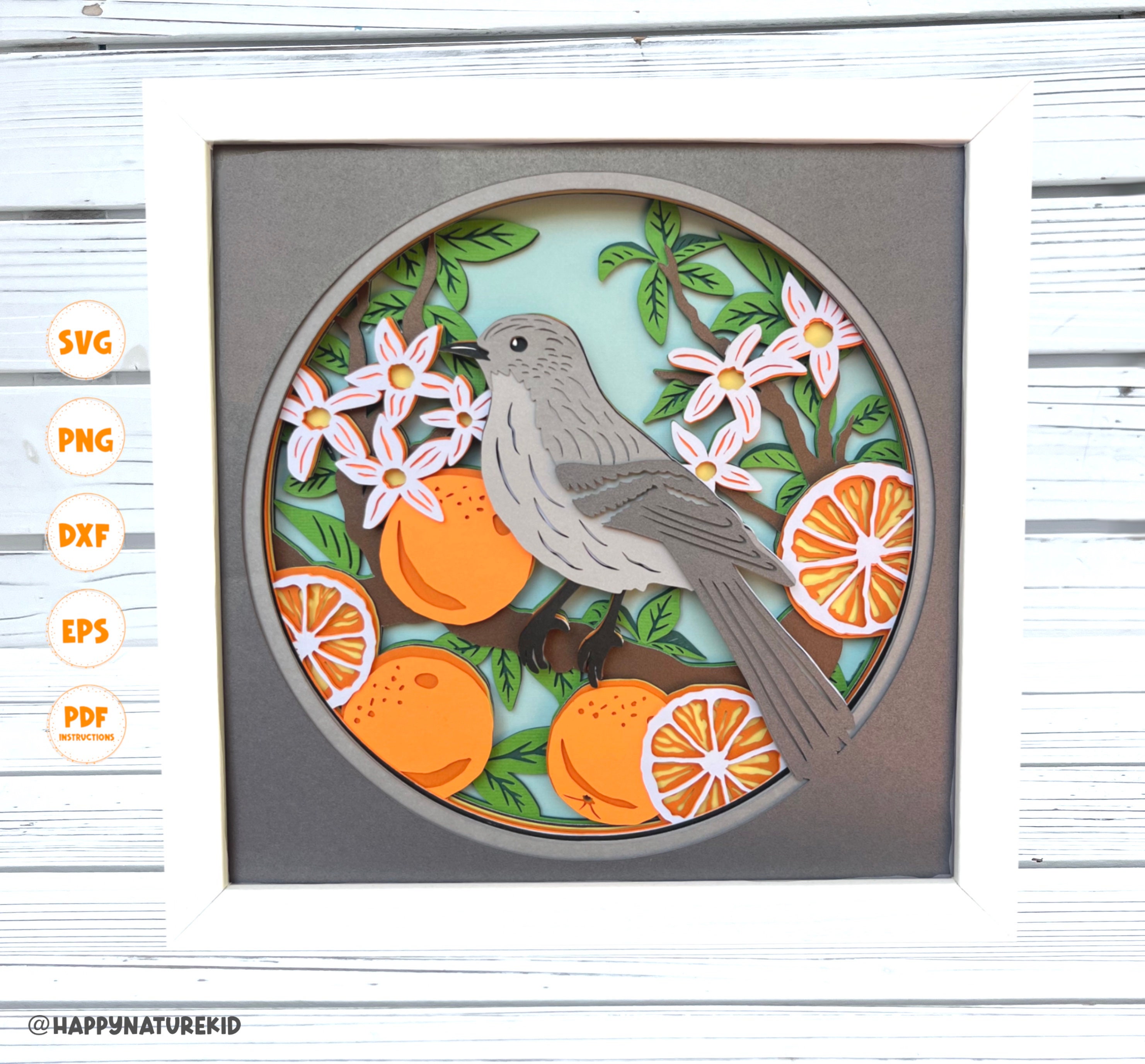 3d Mockingbird shadow box svg, Orange Blossom svg, 3d Layered svg, Bird shadow box svg, Florida State Bird svg, 3d svg, Cardstock svg
