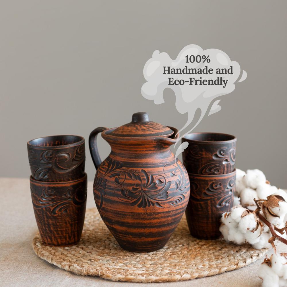 PRONTO PER LA SPEDIZIONE, set di brocca e tazze in argilla rustica, brocca in terracotta fatta a mano con 4 bicchieri, ceramica ecologica per acqua, b