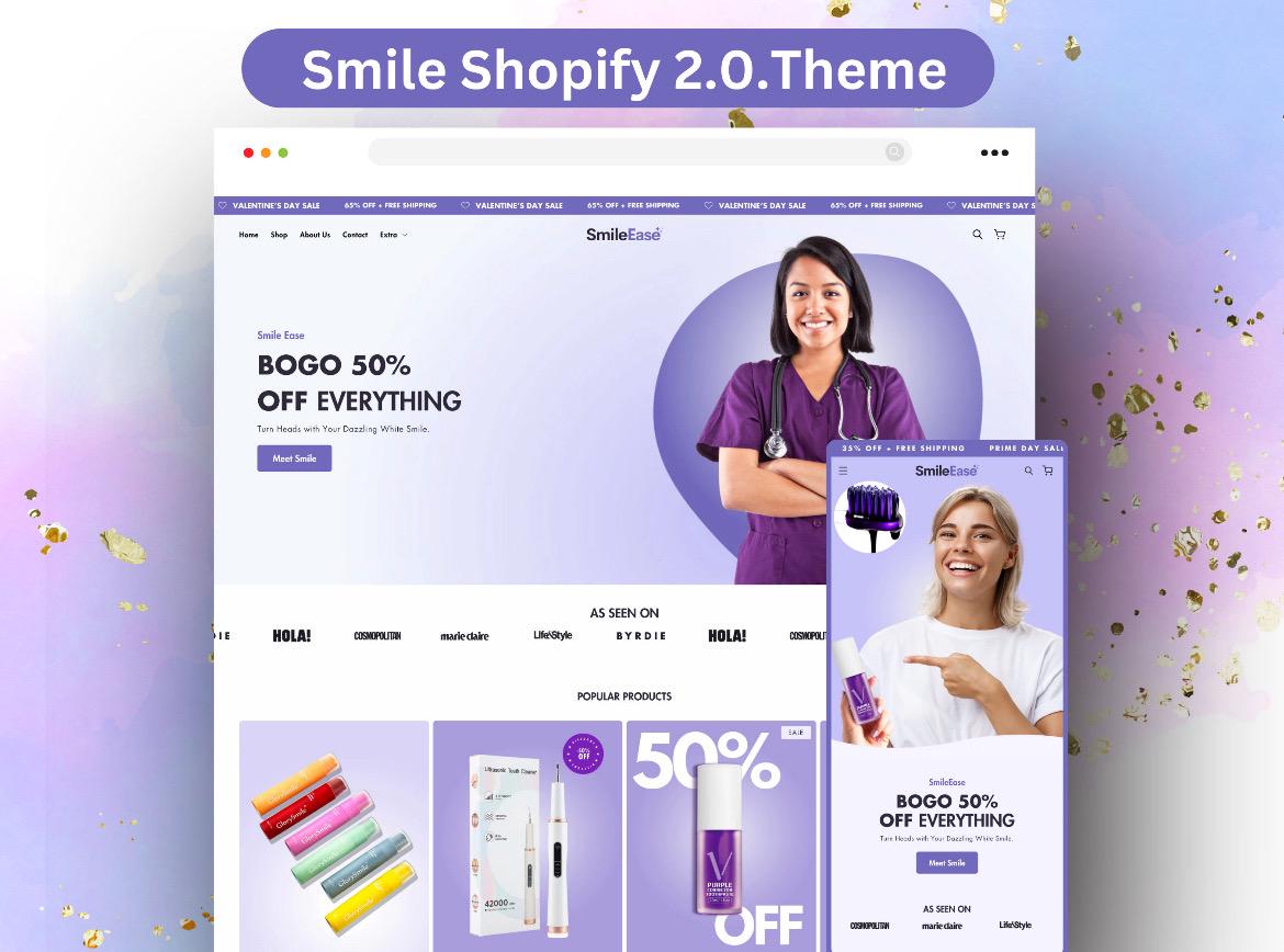 Modello di tema Smile Shopify, sito web Shopify minimalista, design del negozio Shopify 2.0, tema Shopify viola, design del sito web Shopify