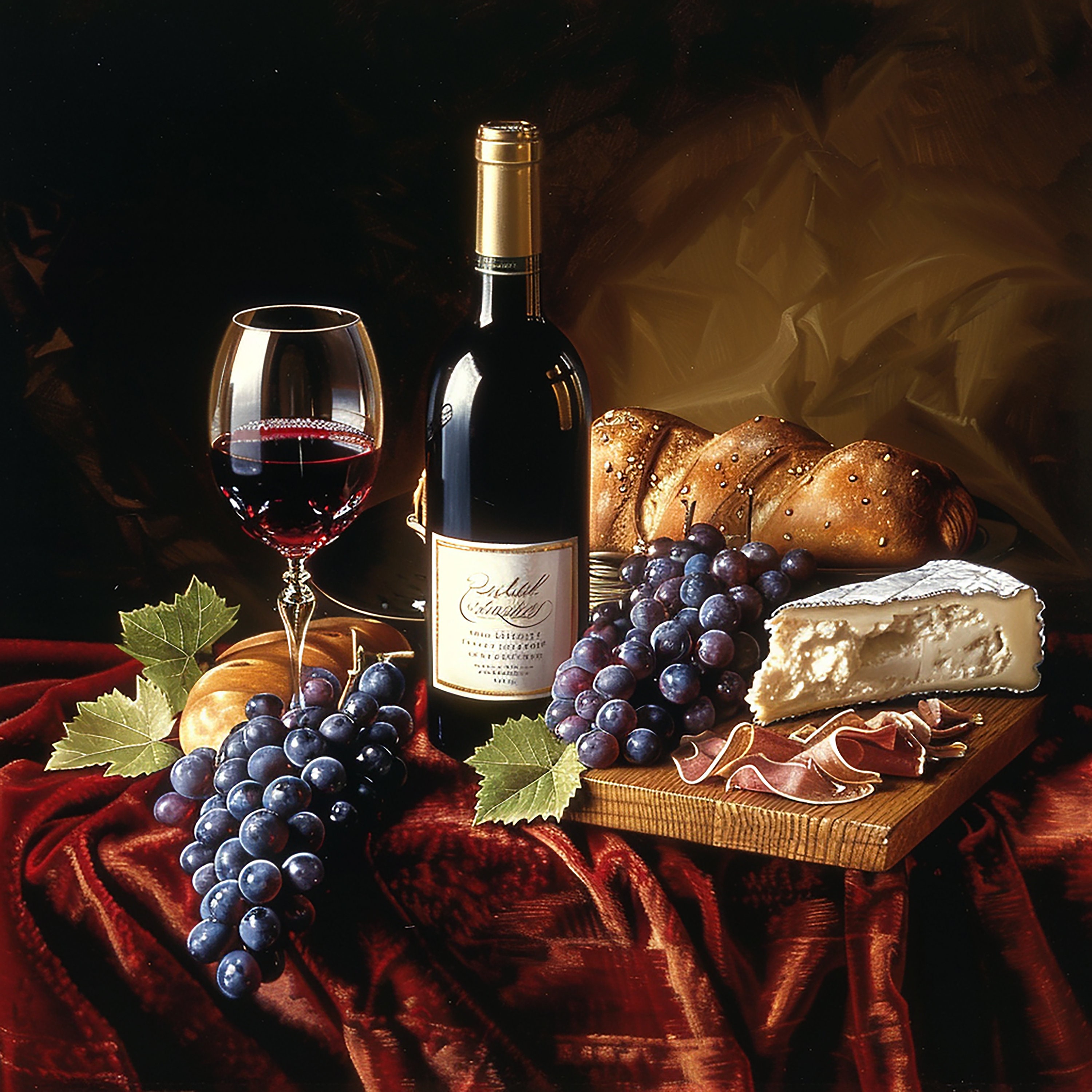 "Originale \"Vino e formaggio\", natura morta gourmet, elegante apparecchiatura da tavola, arte del vino, piatto di formaggi, decorazione culinaria, stam"