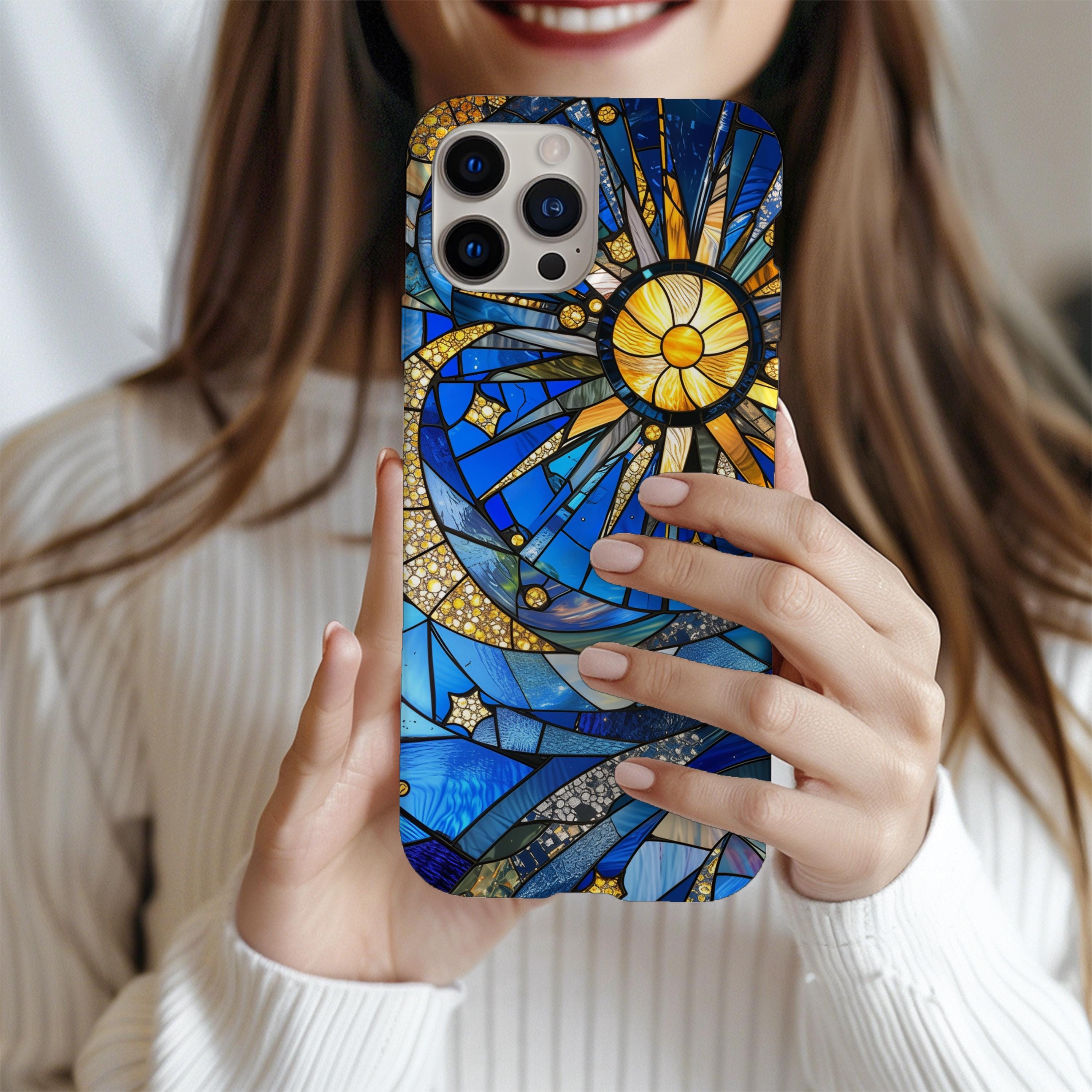 Custodia per telefono con cielo notturno stellato in finto vetro colorato, custodia per telefono con luna e stelle in vetro colorato celeste 3D, iPhon