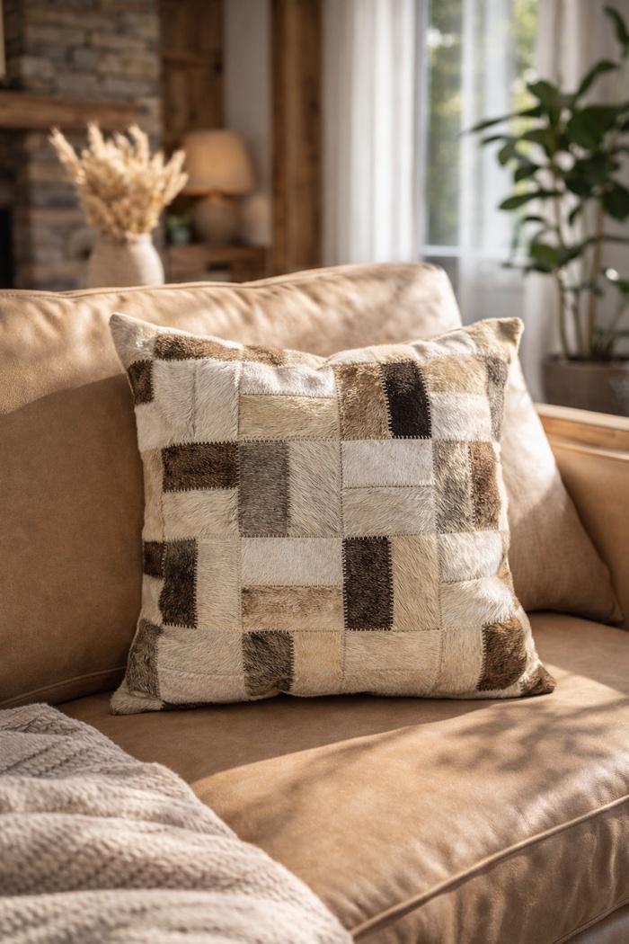 Fodera per cuscino in pelle bovina neutra fatta a mano, 40 x 40 cm / Cuscino decorativo a scacchiera