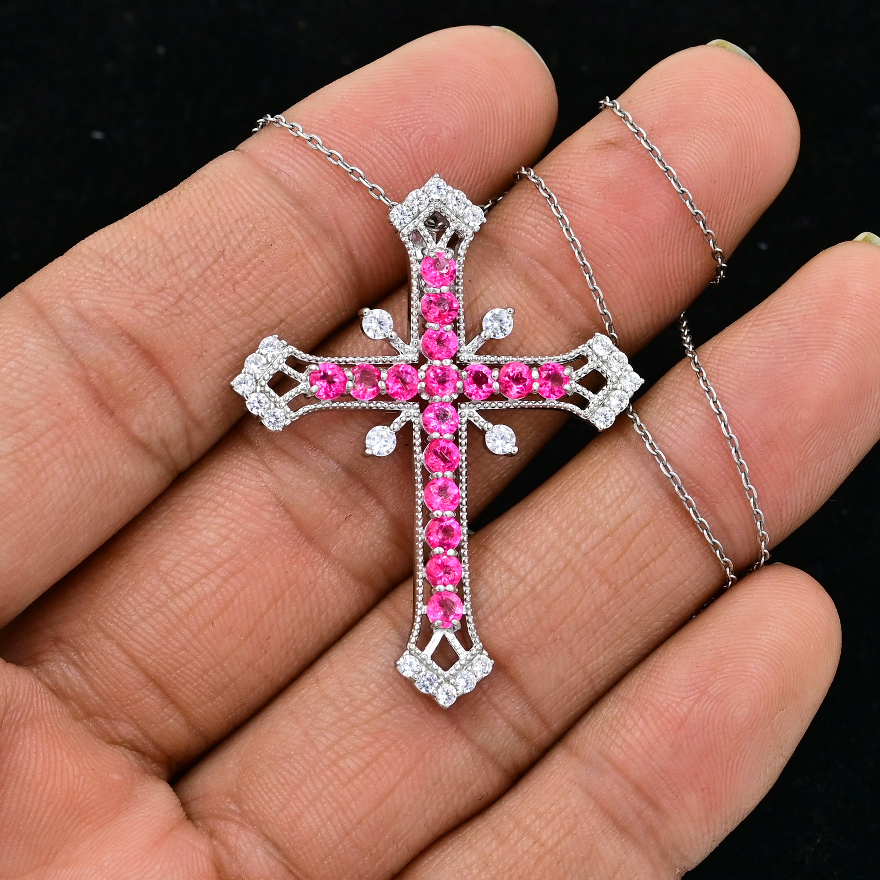 Ciondolo a croce in topazio rosa naturale, argento sterling 925, collana con ciondolo a croce sacra, pietra portafortuna di dicembre, gioielli in topa
