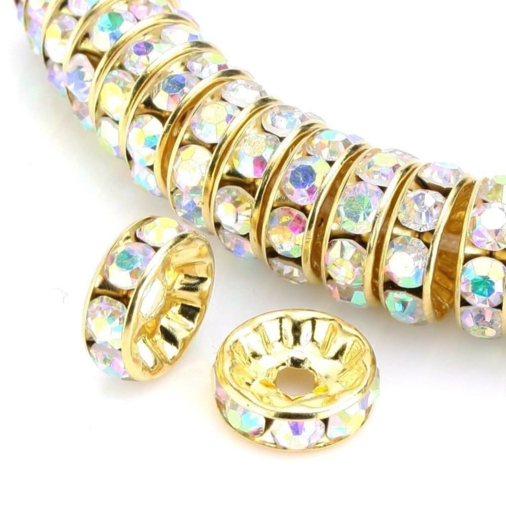 Scegli 50 pezzi di perline distanziatrici rondelle in oro 18 carati di qualità AAA+, strass di cristallo AB trasparente da 4 mm, 5 mm, 6 mm, 8 mm, 10
