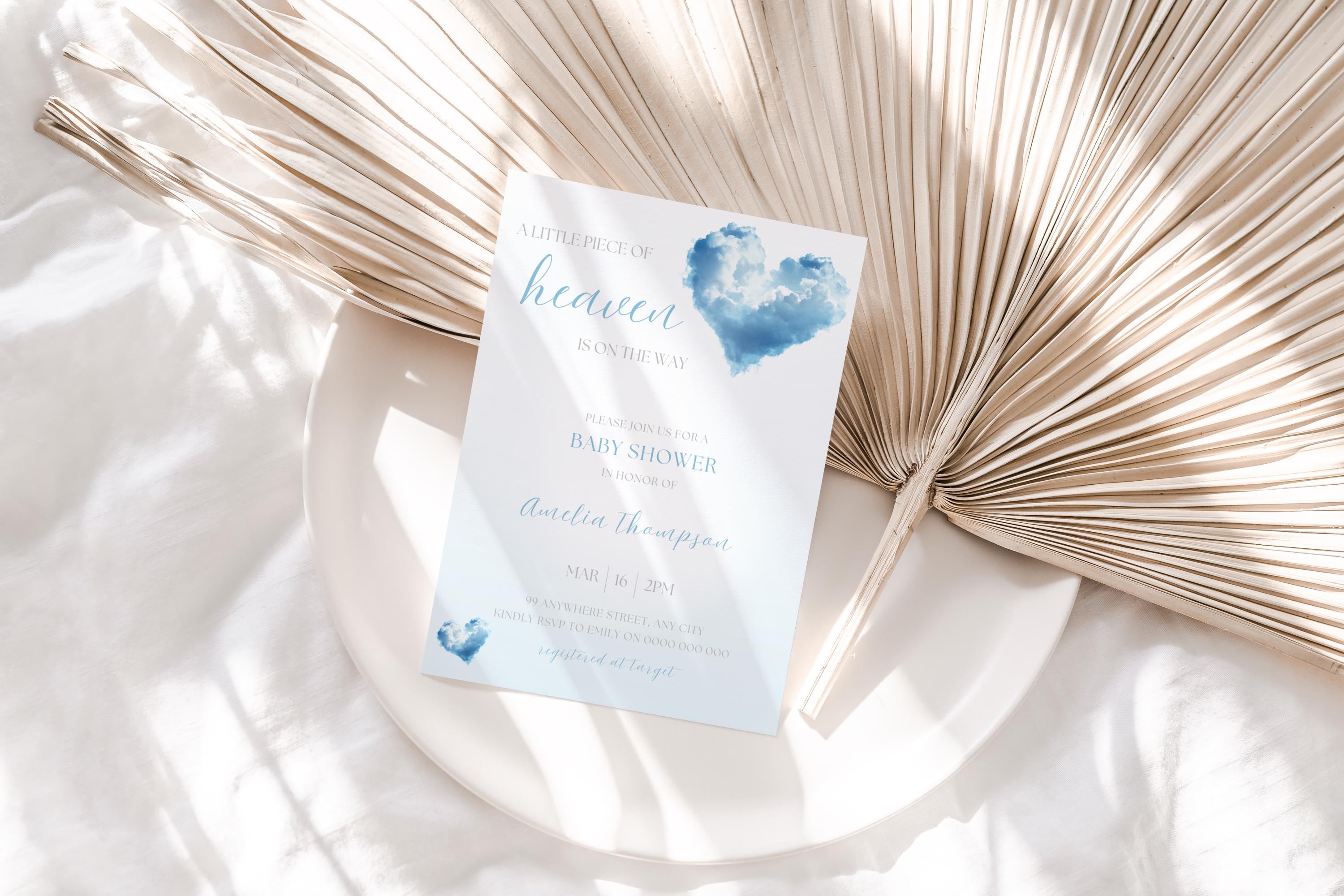 "Invito per baby shower \"Little Piece Of Heaven\" / Invito per baby shower \"Heaven Sent Baby Boy\" / On Cloud 9 Sprinkle / Baby Shower da sogno / Baby Bl"