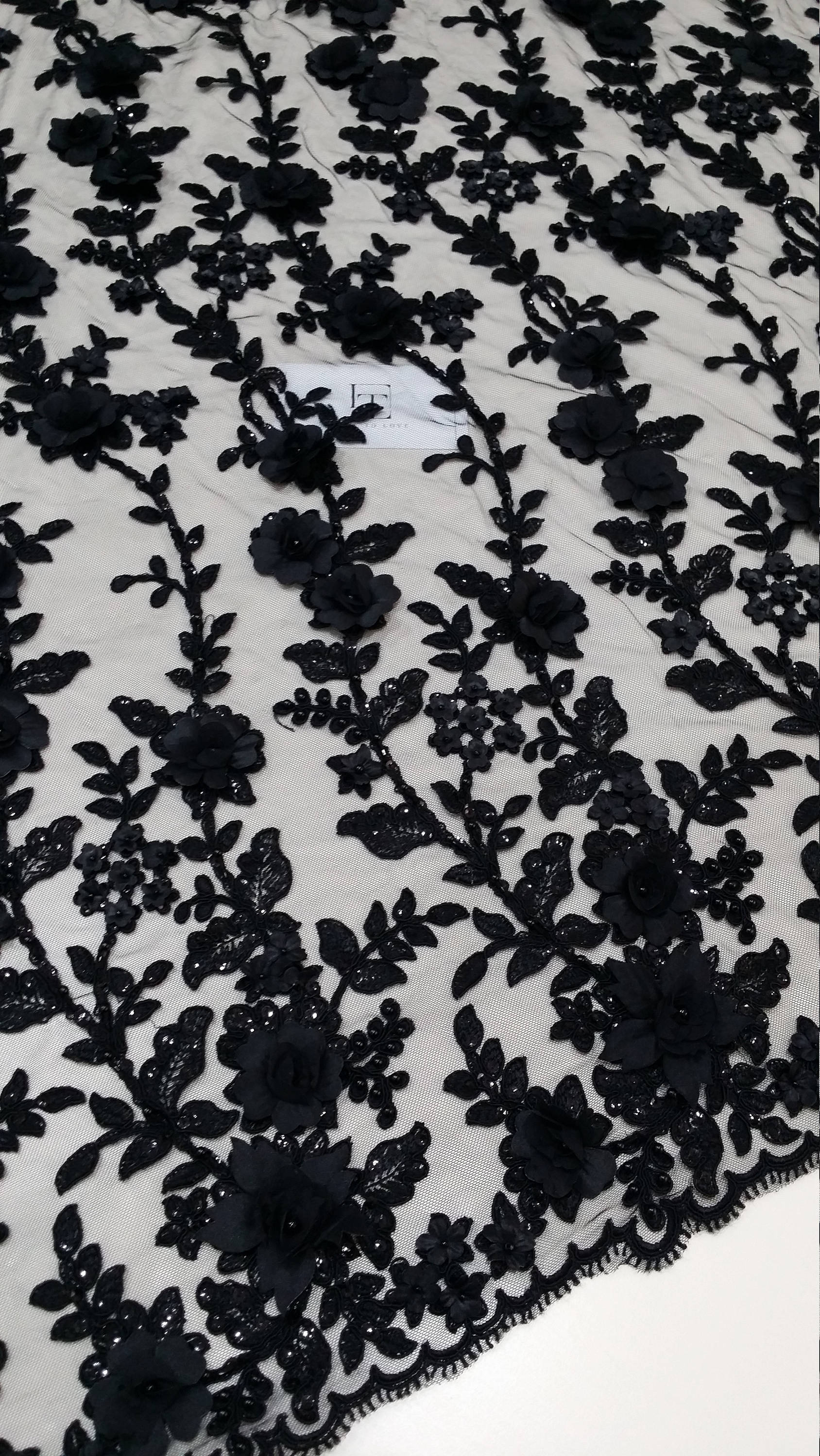 Tessuto in pizzo nero, pizzo 3D, pizzo con perline, pizzo francese, pizzo da sposa, pizzo da sposa, pizzo velo, pizzo floreale smerlato, pizzo per lin