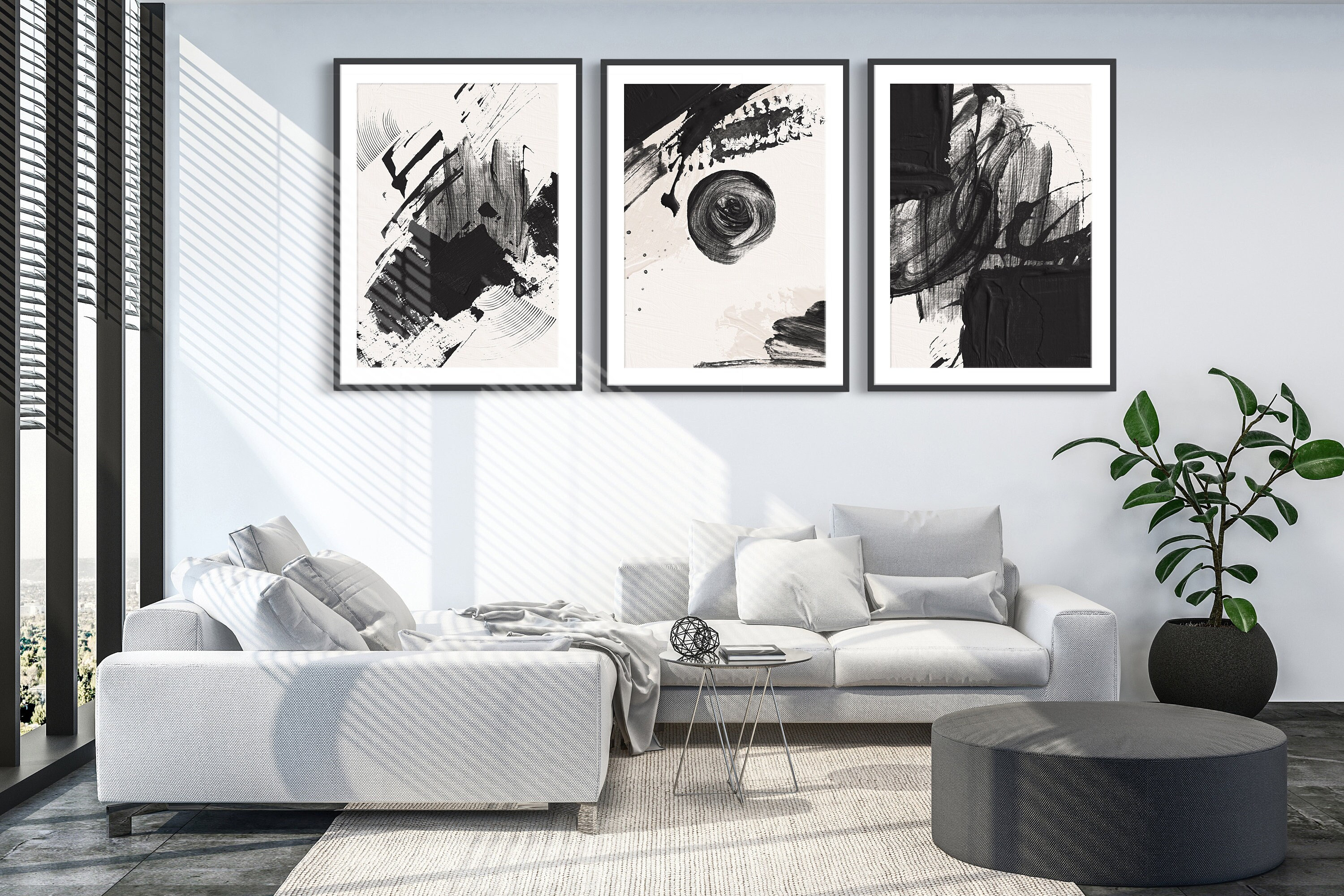 Stampe d'arte da parete astratte, stampe d'arte, arte astratta, set di 3 stampe murali, arte neutra, stampe astratte, stampe dipinte, Beige, Nero