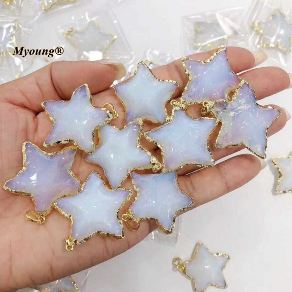 Ciondolo in vetro opale indiano a forma di stella fatto a mano, collana con ciondolo in cristallo di vetro a forma di stella a cinque punte placcato i