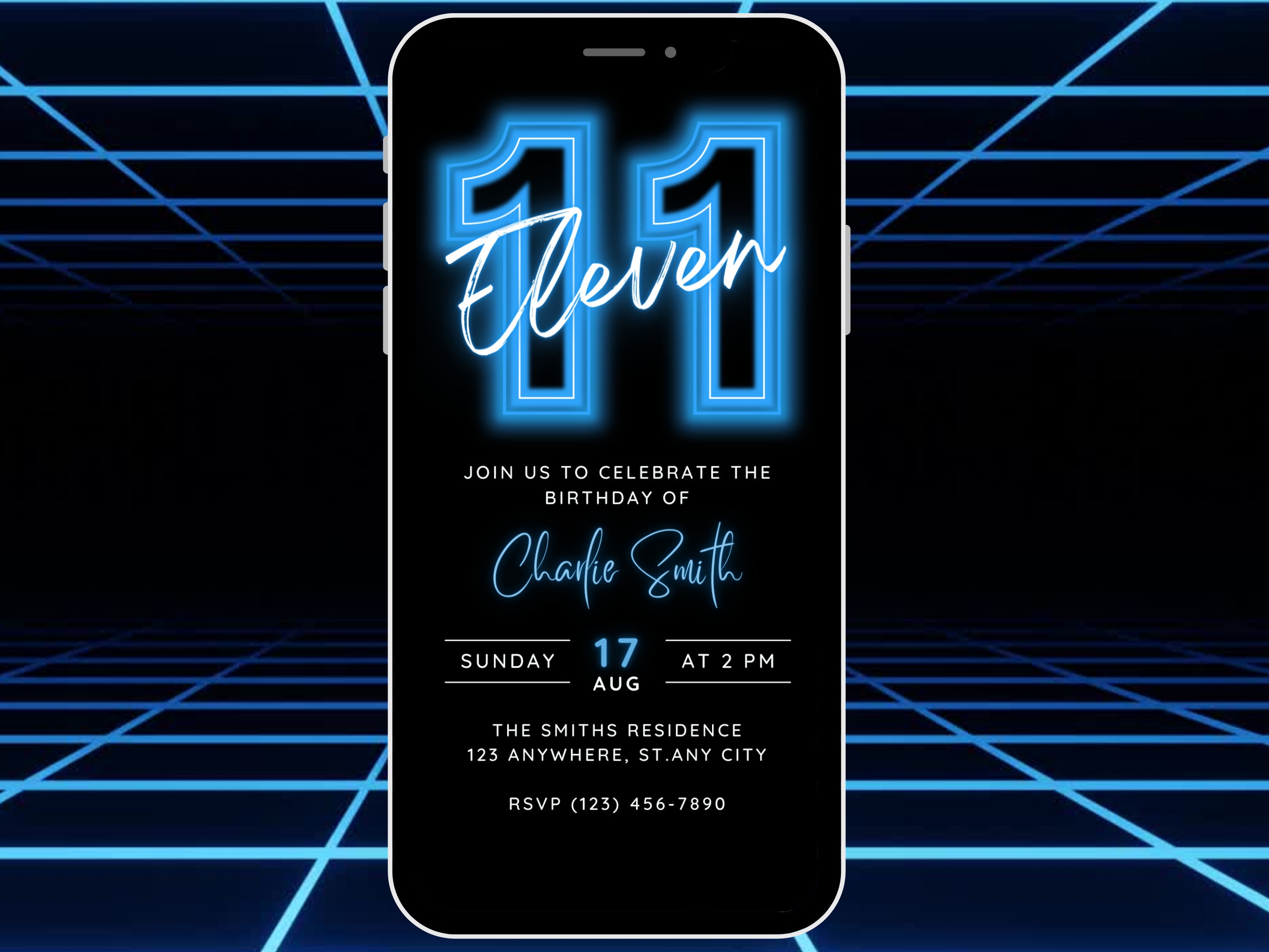 Modello animato di invito per l'undicesimo compleanno per ragazzi, invito modificabile per la festa dell'undicesimo compleanno blu neon, Digital Eleve