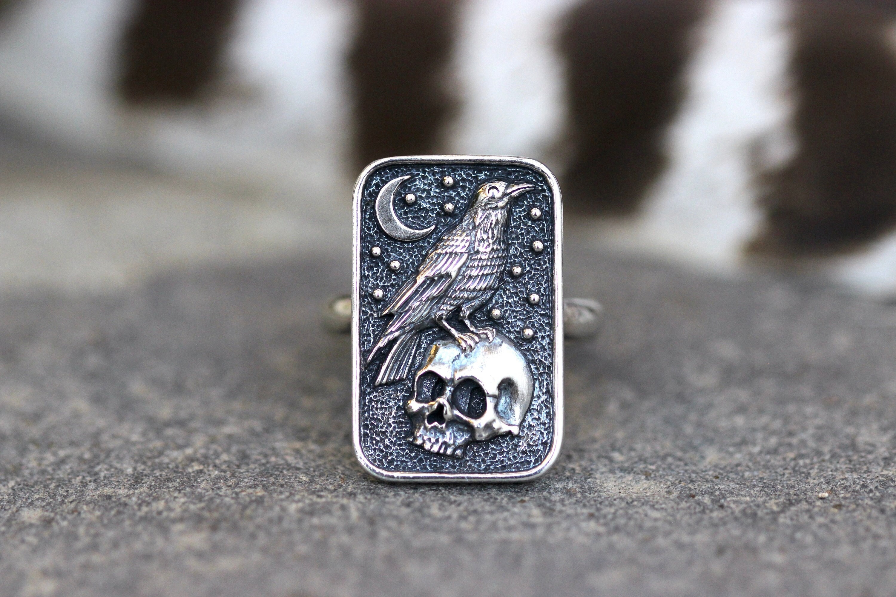 Anello corvo Anello teschio Anello corvo Anello corvo in argento sterling Anello luna Anello strega Gioielli strega in argento Anello gotico Anello di