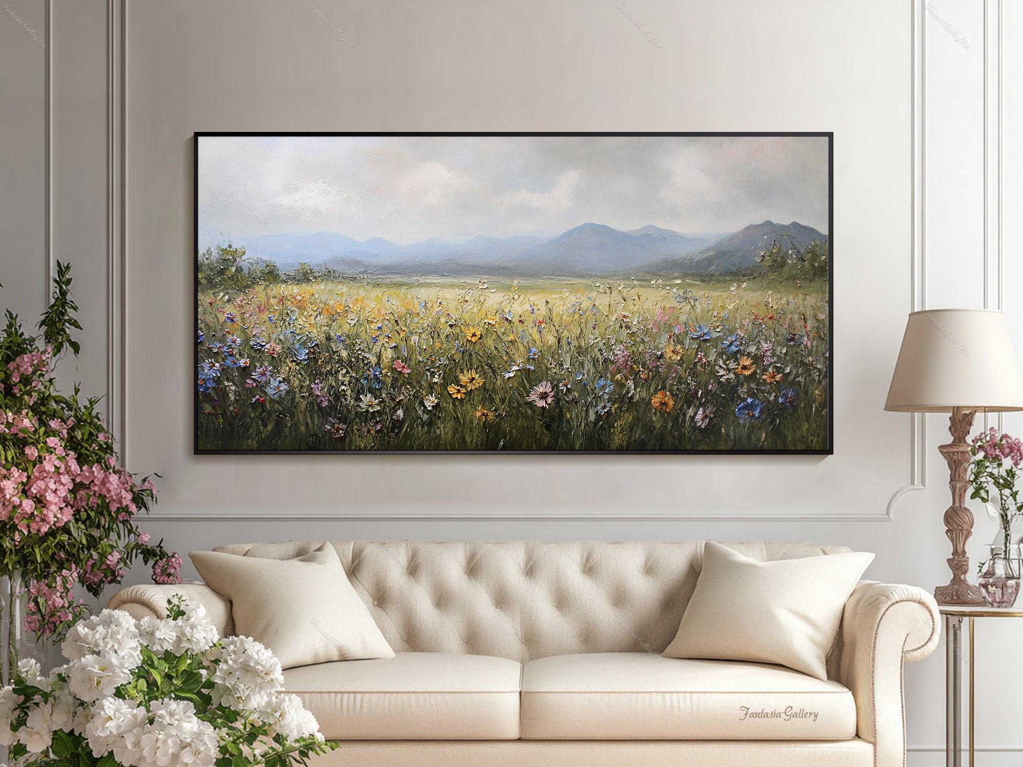 Dipinto a olio su tela con campo di fiori selvatici, paesaggio, montagna, arte murale, grande dipinto floreale, opera d'arte naturale strutturata per