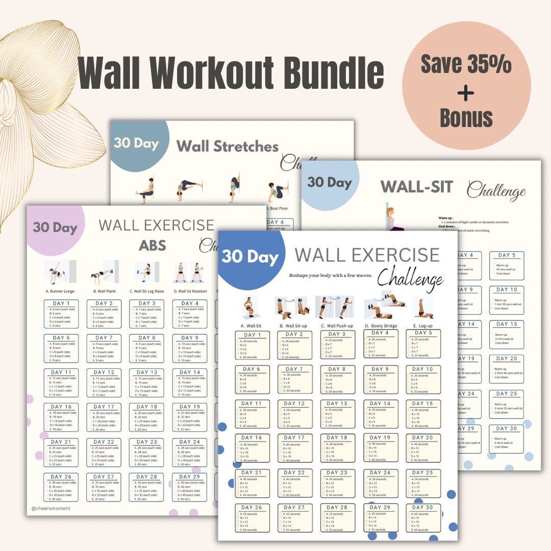 Pacchetto di esercizi da parete da 30 giorni / Sfida fitness digitale / Planner di esercizi stampabile / Pilates da parete / Body Building