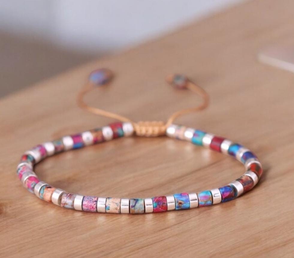Braccialetto con perline delicate in diaspro multicolore rosa 4×4 mm Braccialetto con perline in pietra naturale Braccialetto minimalista Braccialetto