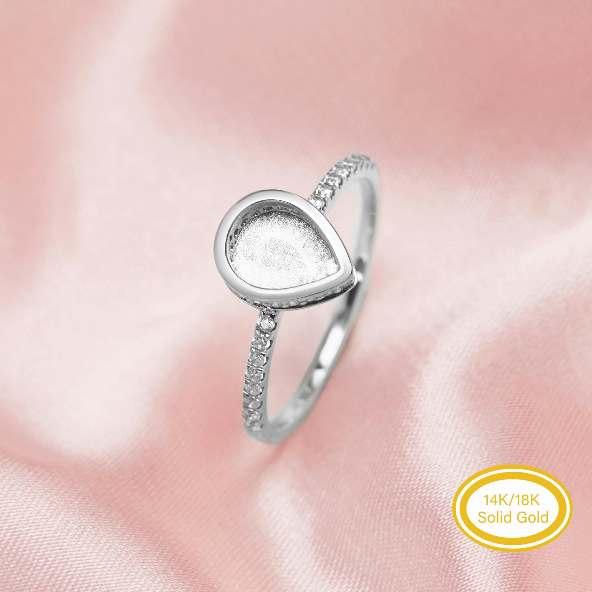 Anello con montatura a castone a forma di pera in resina effetto latte materno, anello minimalista in oro massiccio 14K e 18K, anello con montatura a