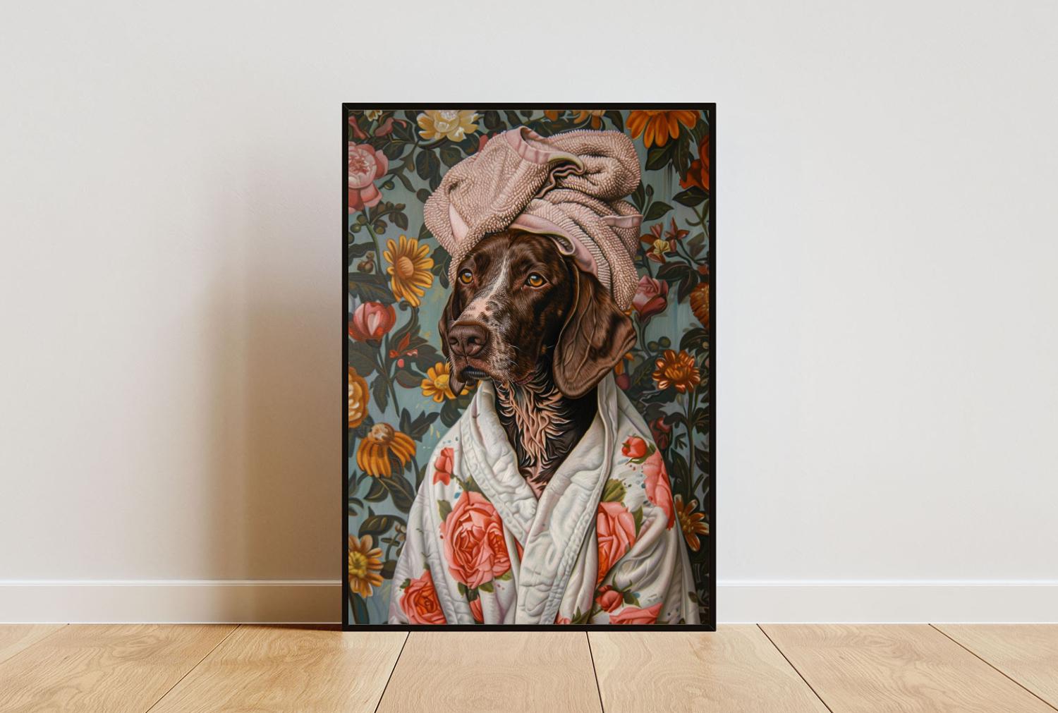 Poster di un cane da caccia tedesco a pelo corto in accappatoio, poster di un cane da caccia tedesco a pelo corto, stampa da bagno di un cane da cacci