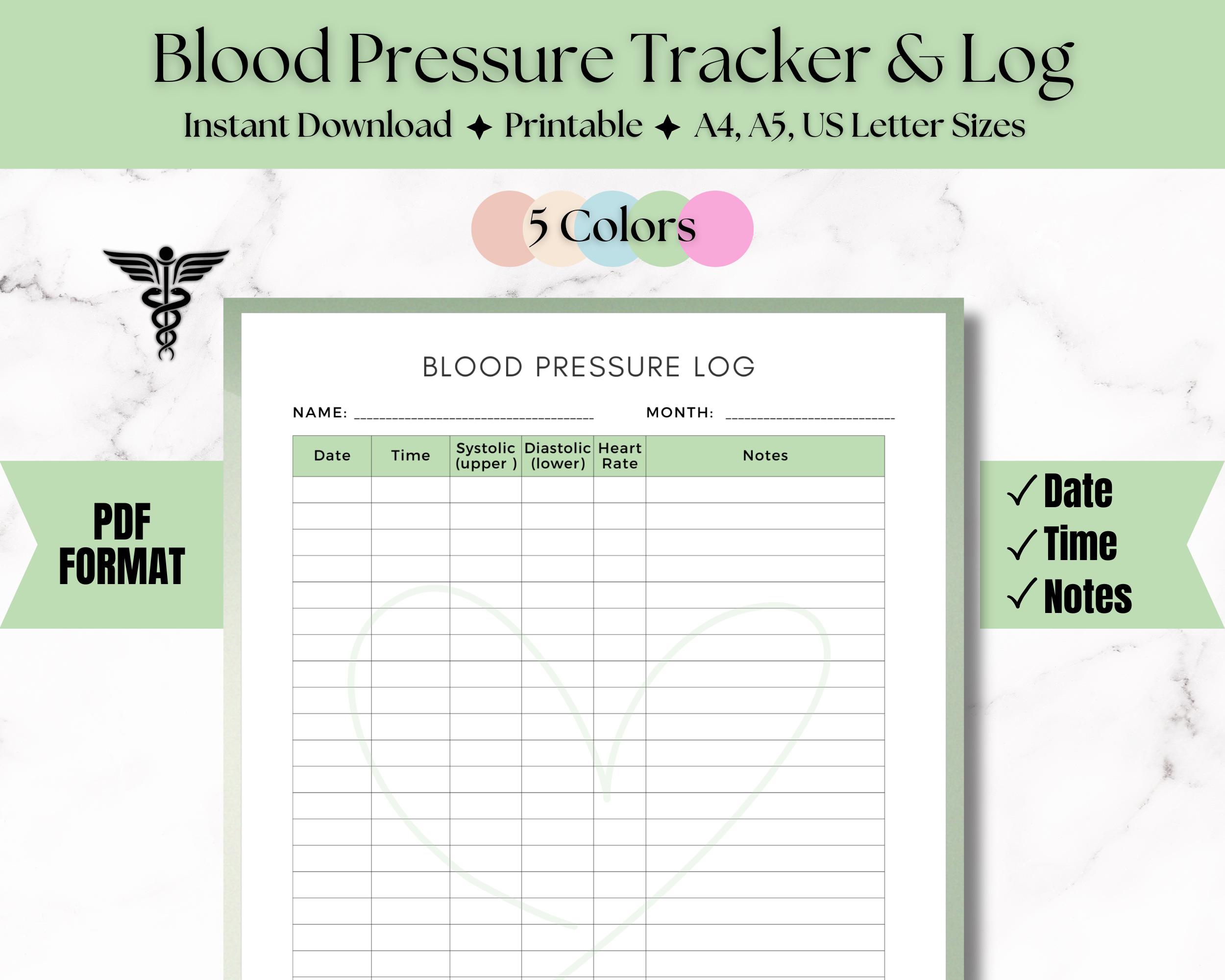 Monitor della pressione sanguigna PDF stampabile/ Registro della pressione sanguigna/ Traccia la pressione sanguigna/ Registro del caregiver Foglio pe