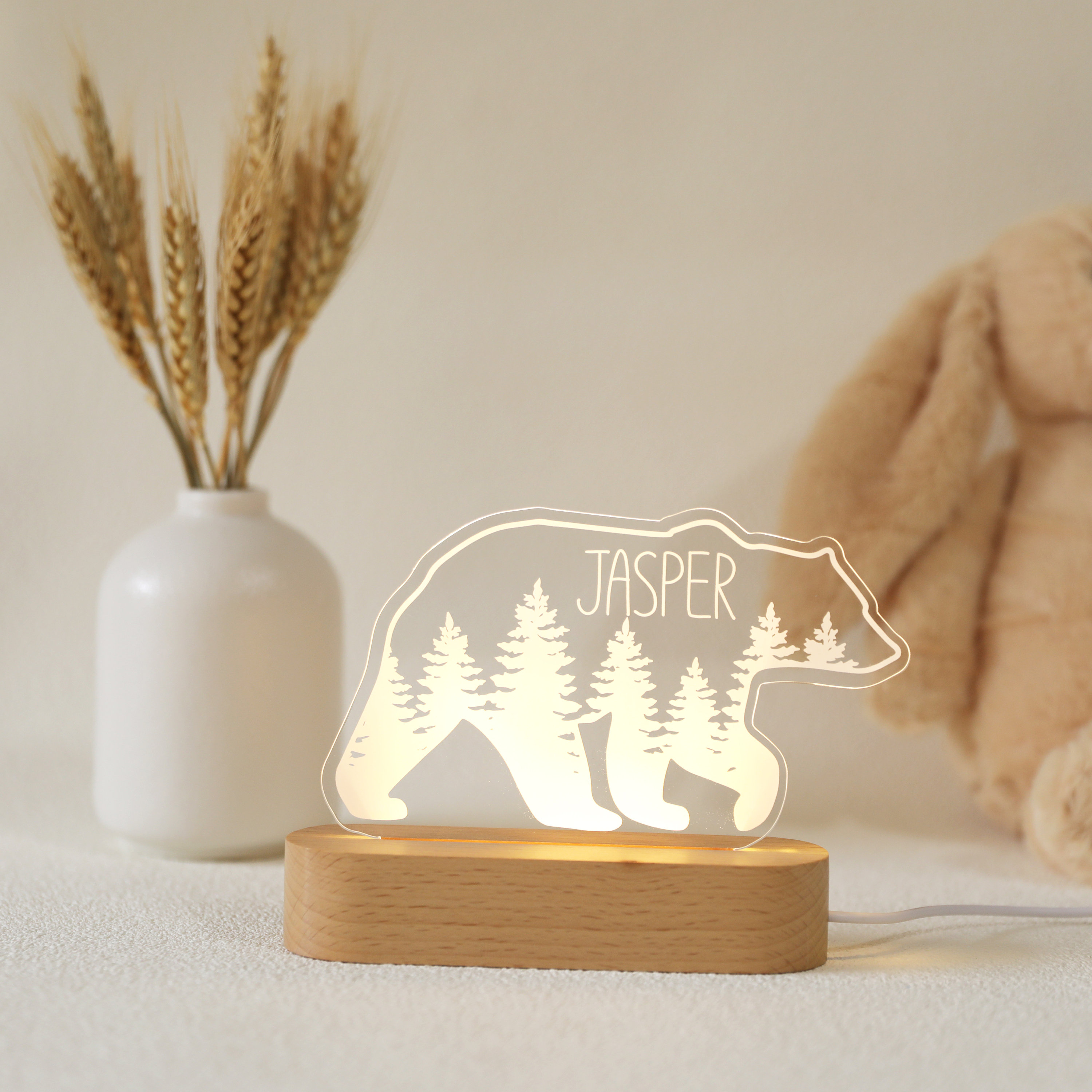 Luce notturna in acrilico personalizzata, luce LED a forma di orso della foresta boho, decorazione per camera da letto per bambini, nome personalizzat