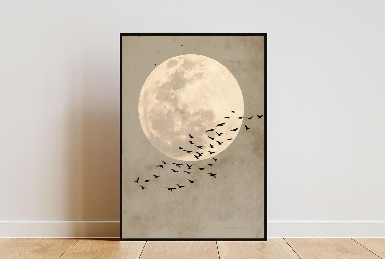 Poster Luna Beige, Arte Murale Lunare, Poster Uccelli, Stampa Luna Beige, Poster Luna, Arte Murale Uccelli, Poster Spazio, Arte Murale Neutra, Stampa