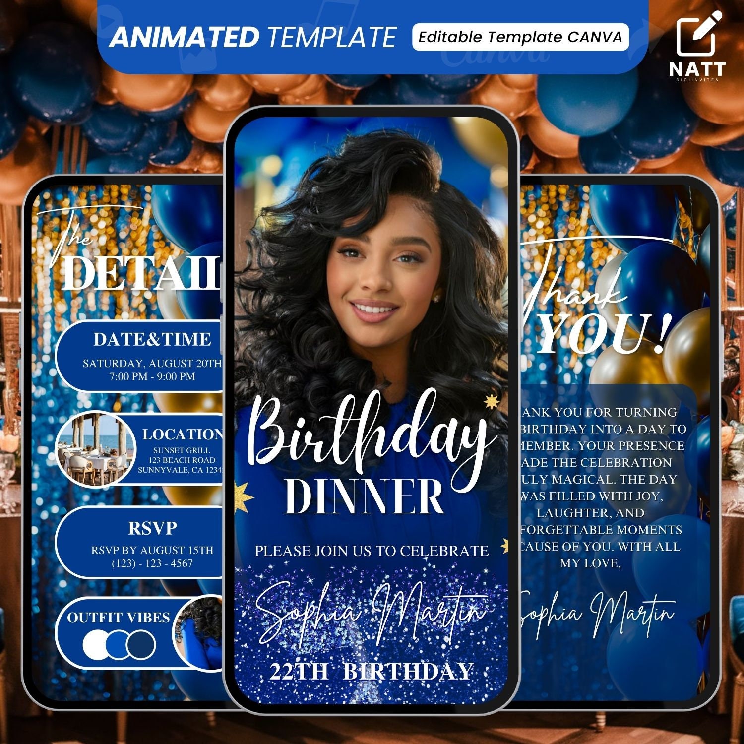 Invito a cena di compleanno blu, modello Canva animato, modello modificabile, cena di compleanno, invito digitale per festa di compleanno, invito modi