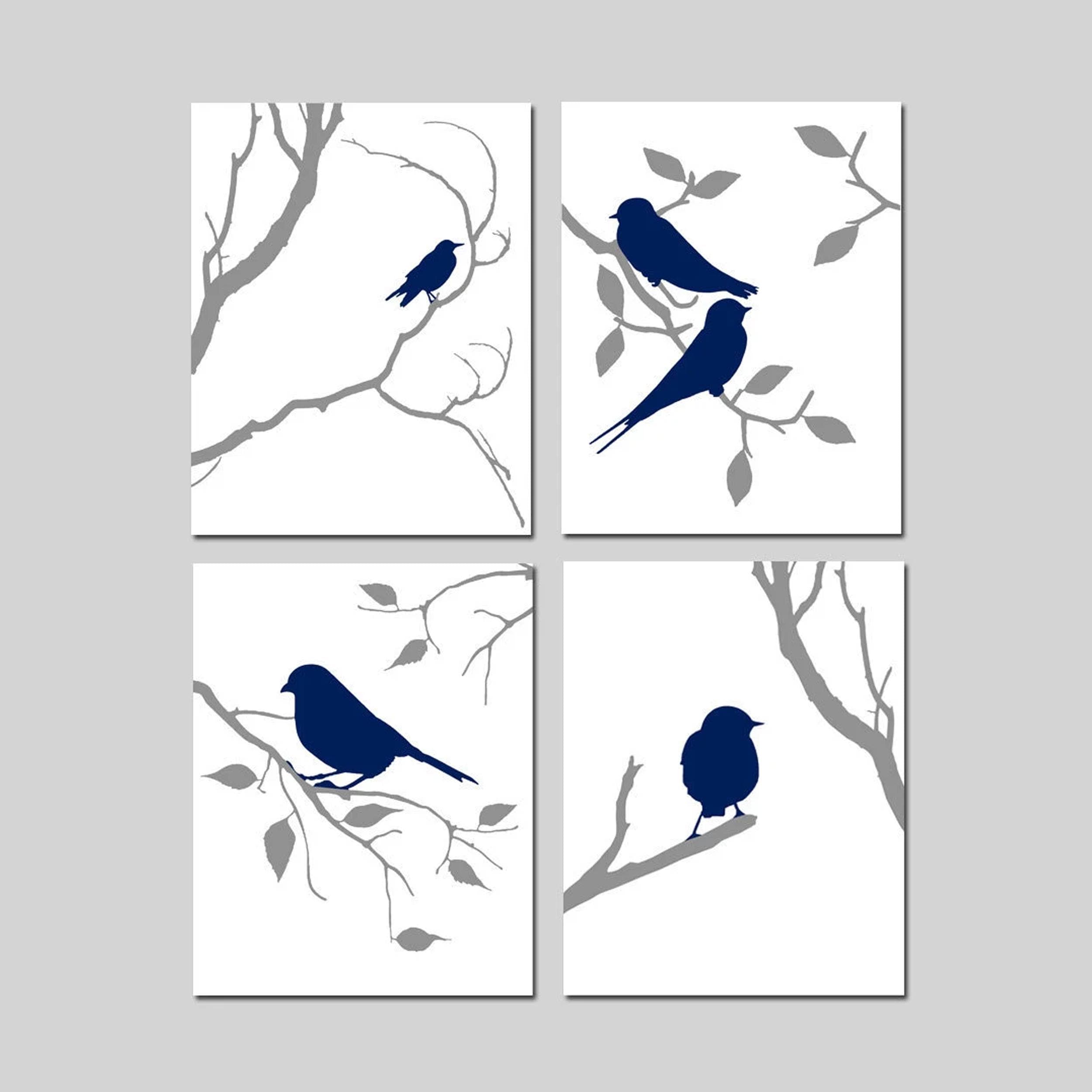 Stampe di uccelli, opere d'arte di uccelli, decorazioni di uccelli, set di 4 stampe o tele di uccelli da parete blu navy, arte murale naturalistica, a