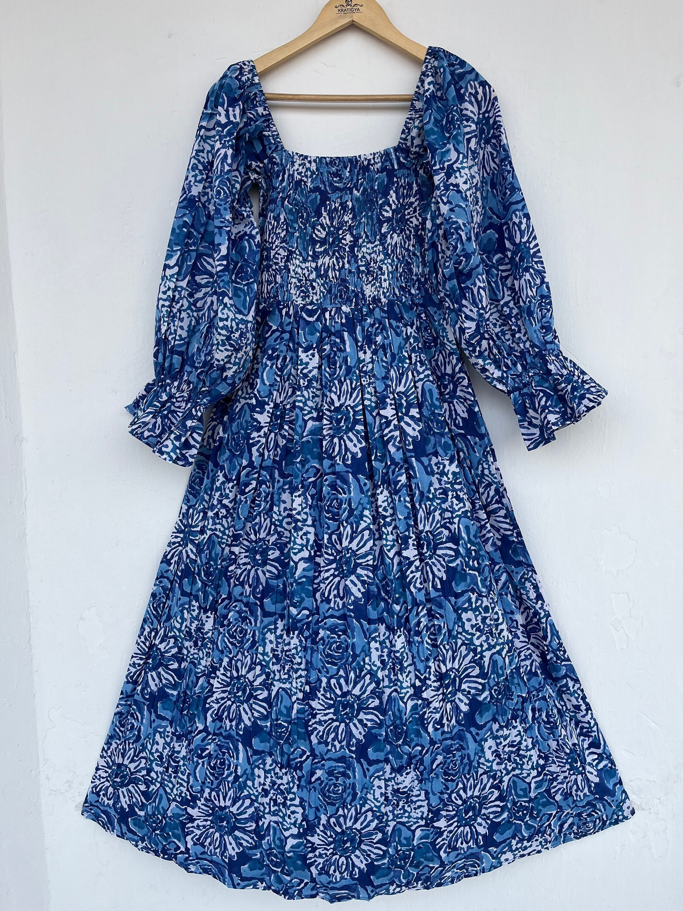 Abito lungo blu stampato a mano con blocchi / abito lungo boho / abito lungo stampato in cotone / abito lungo