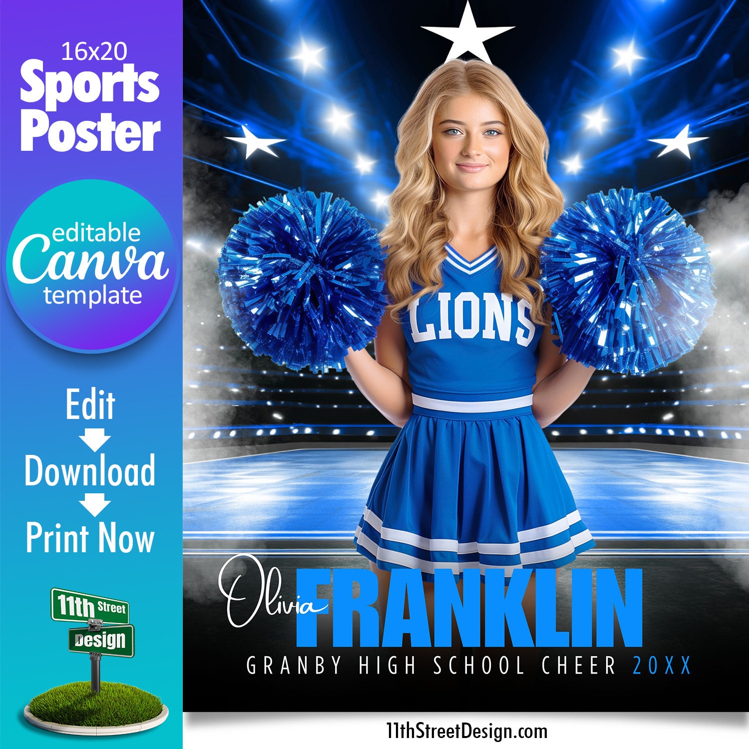 Modello di poster per cheerleader Canva, progetta i tuoi poster sportivi per la squadra di cheerleader senior personalizzati in Canva, sfondo per chee