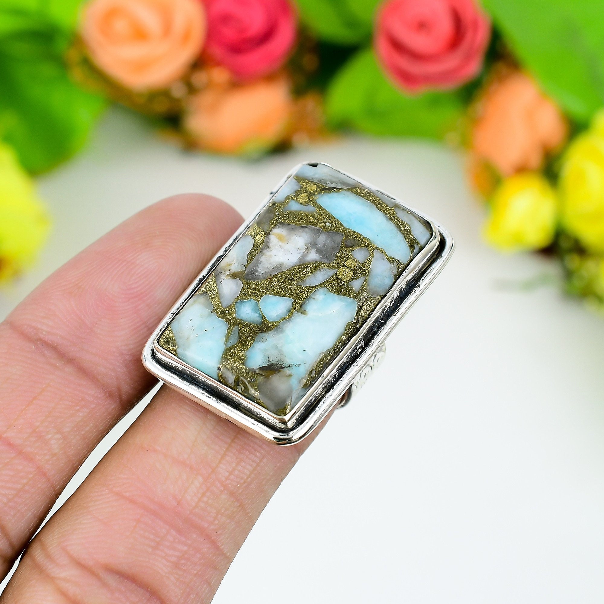 Anello in rame Larimar Anello in argento sterling 925 con pietra preziosa Anello fatto a mano Anello in rame Larimar Anello da donna per amore Anello