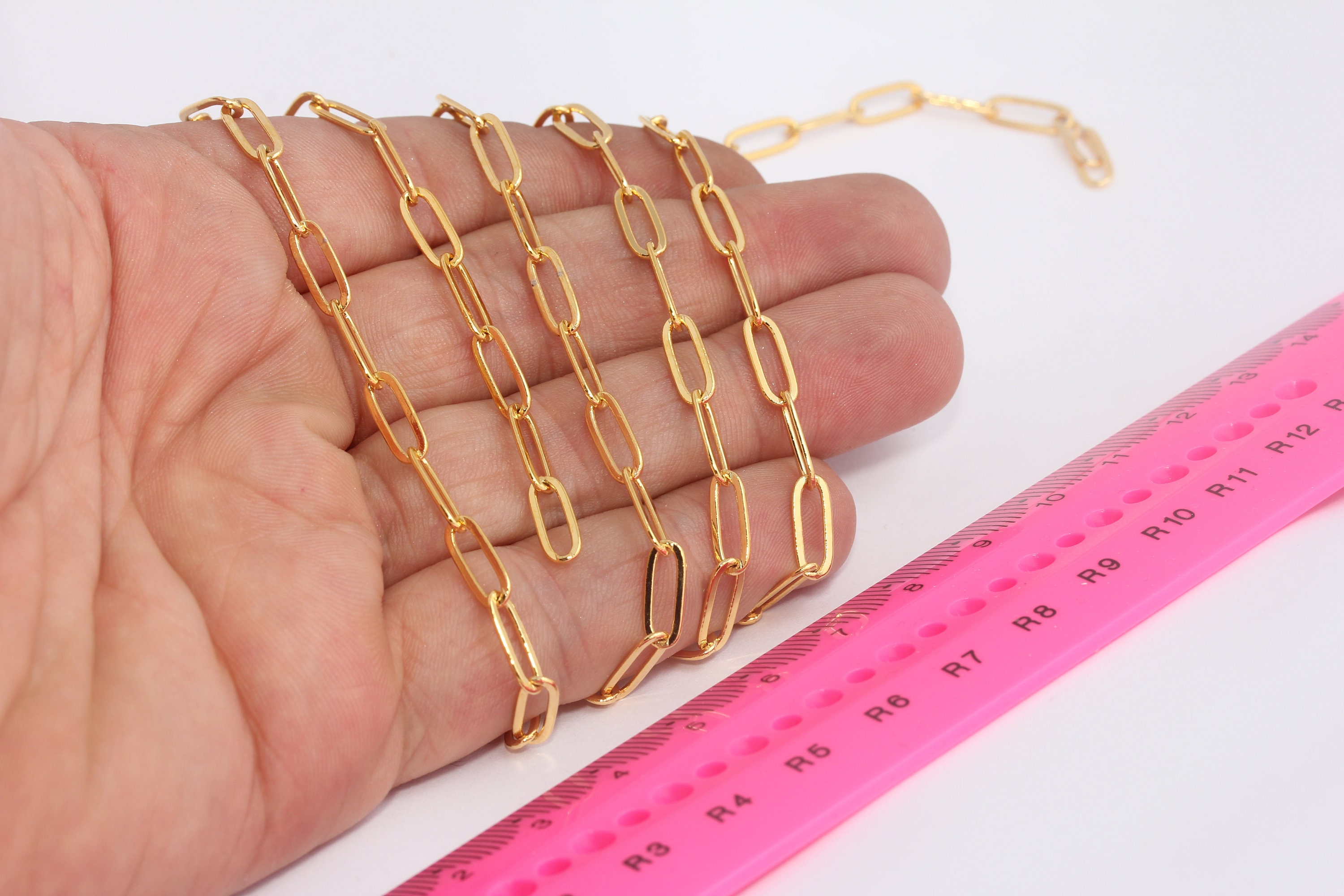 Catena a maglie in oro lucido 24k da 4 x 11 mm, catena a barra d'oro, catena a maglie ovali, catena a maglie in oro, catena in grandi quantità, compon