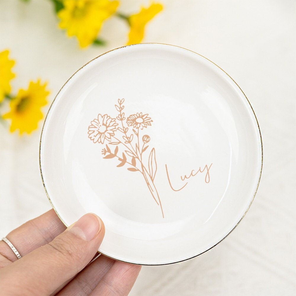 Piatto per anelli con fiori di nascita personalizzato, piatto per anelli nuziali, regalo per damigelle d'onore, regalo di fidanzamento, regalo per don