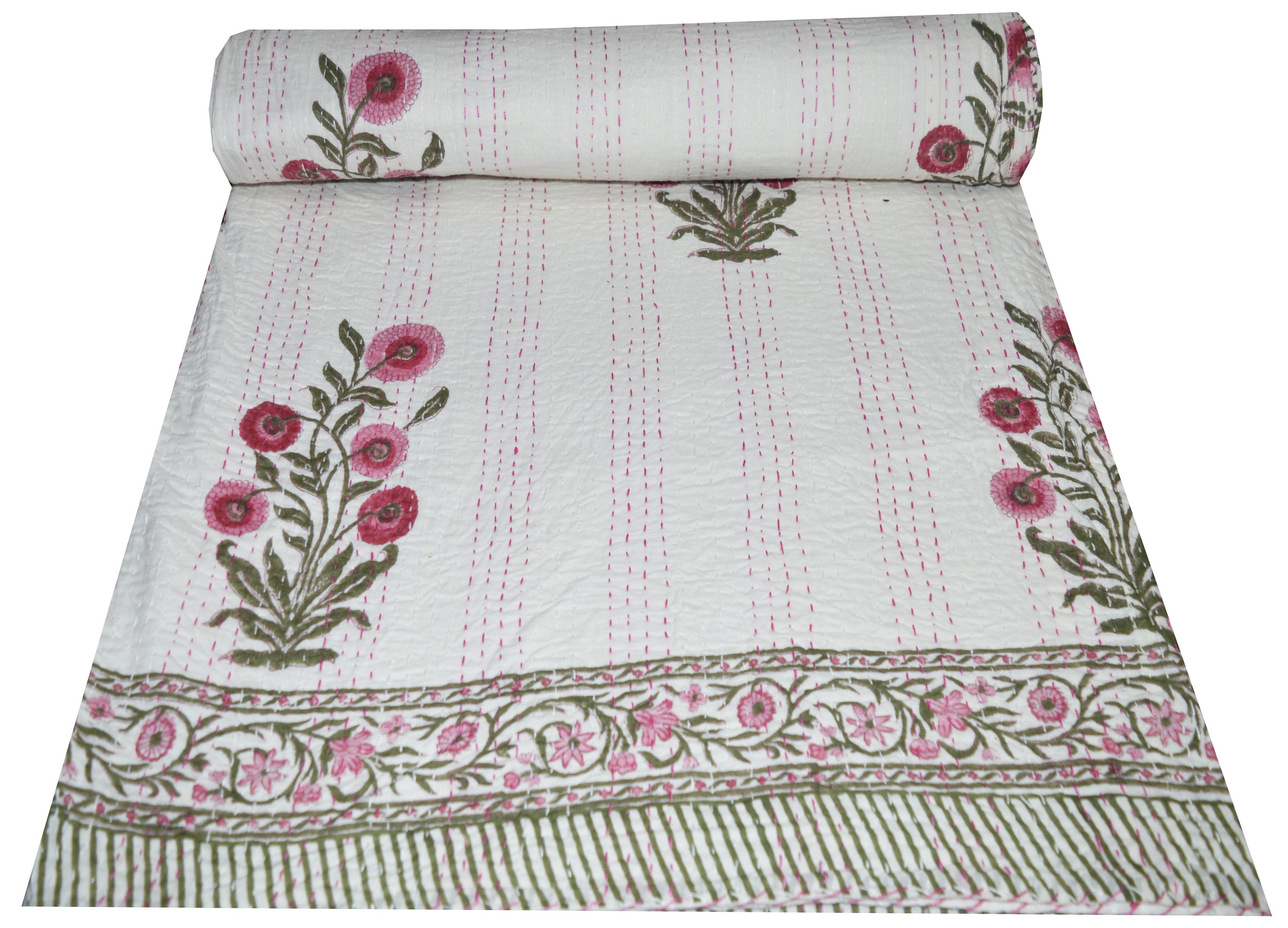 Kantha bianco indiano, trapunta Kantha in cotone stampata a mano, trapunta Kantha indiana, trapunta, copriletto Kantha, trapunta Kantha matrimoniale