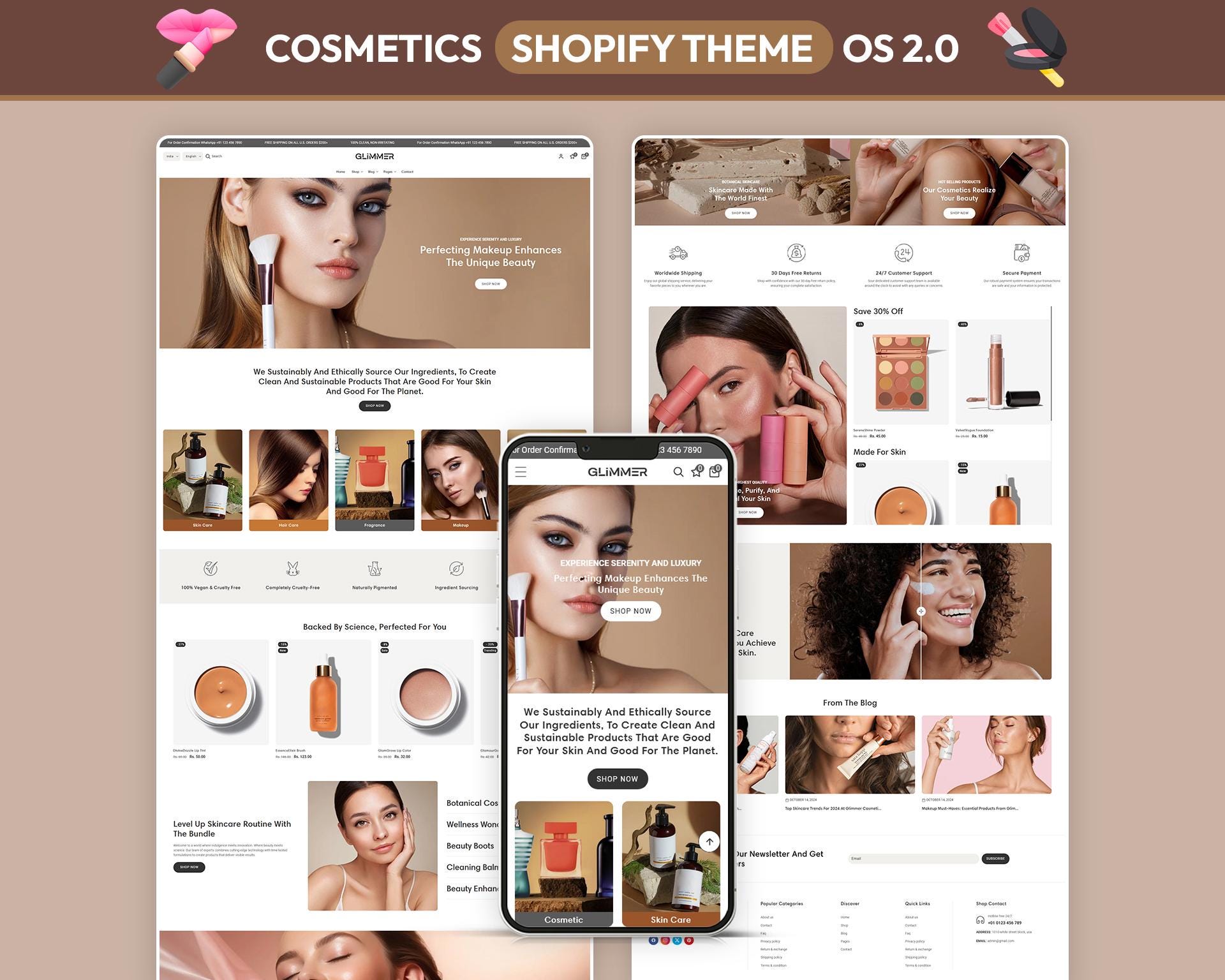 Tema Shopify per cosmetici, modello per negozi di bellezza e cura della pelle, tema Shopify moderno per marchi di trucco, cura della pelle e benessere