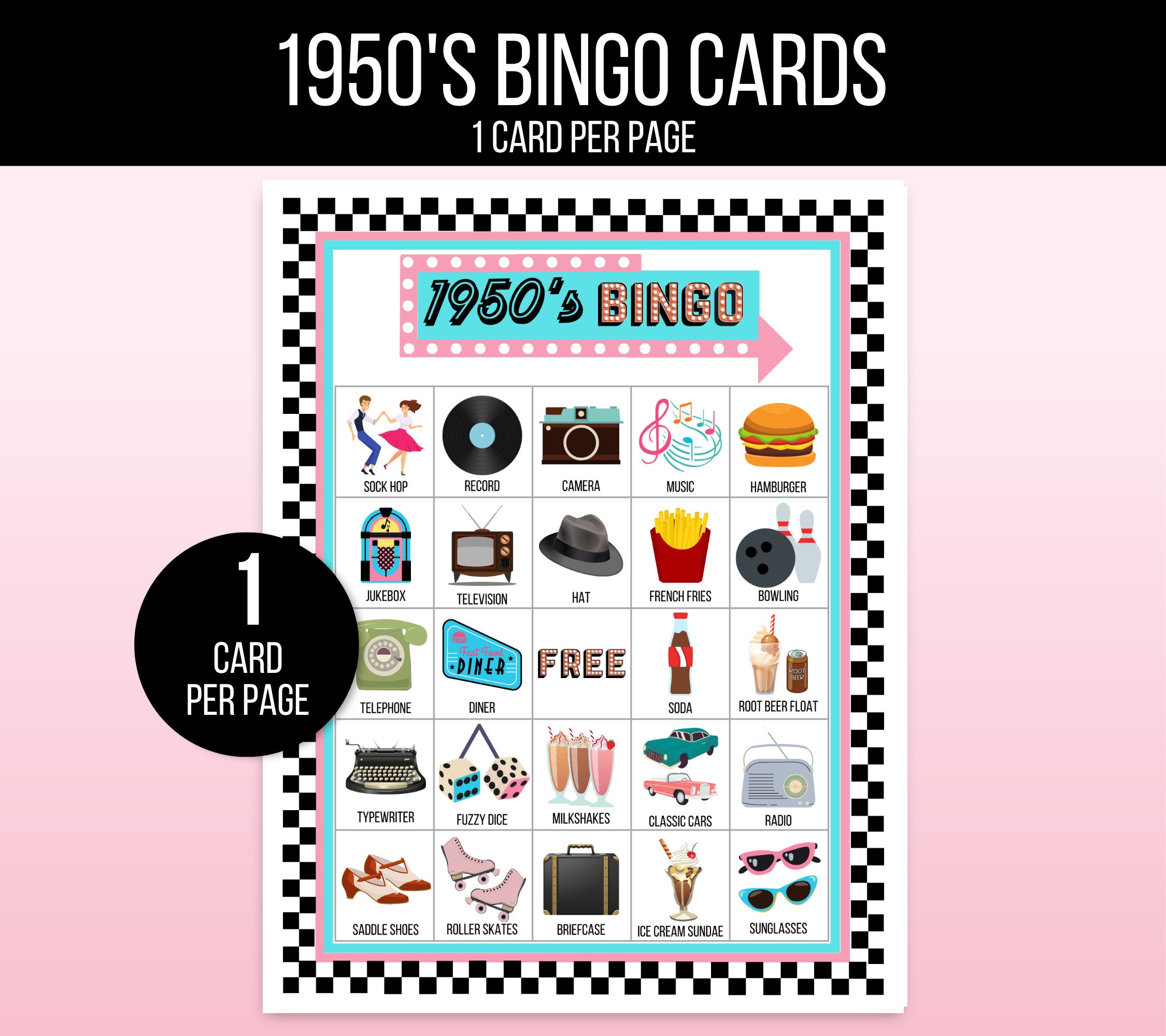 Bingo anni '50, Bingo anni '50, 30 cartelle da bingo anni '50 stampabili, Gioco anni '50, Attività anni '50, Giochi di società anni '50 per bambini e
