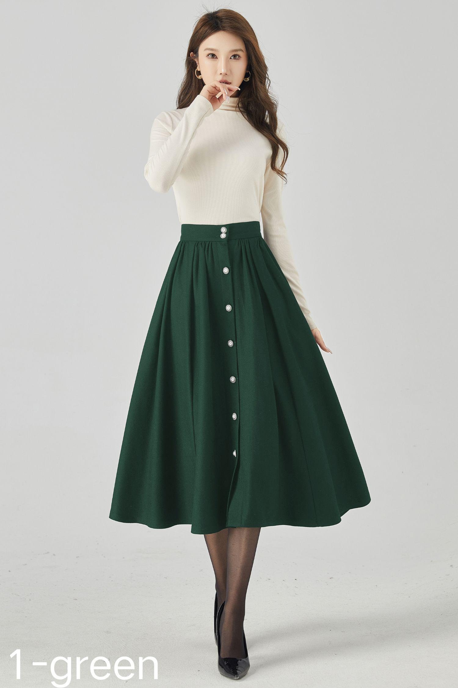 Gonna di lana, gonna midi di lana, gonna a pieghe di lana, gonna di lana verde, gonna invernale da donna, gonna con bottoni, gonna personalizzata, Xia