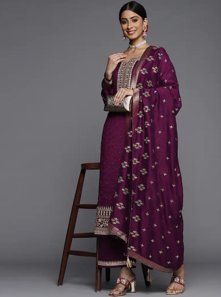 Kurta ricamata Zari viola con palazzo e Dupatta - Set Kurta in seta - Abito indiano da festa - Salwar Kameez - Abito da sposa Salwar Suit