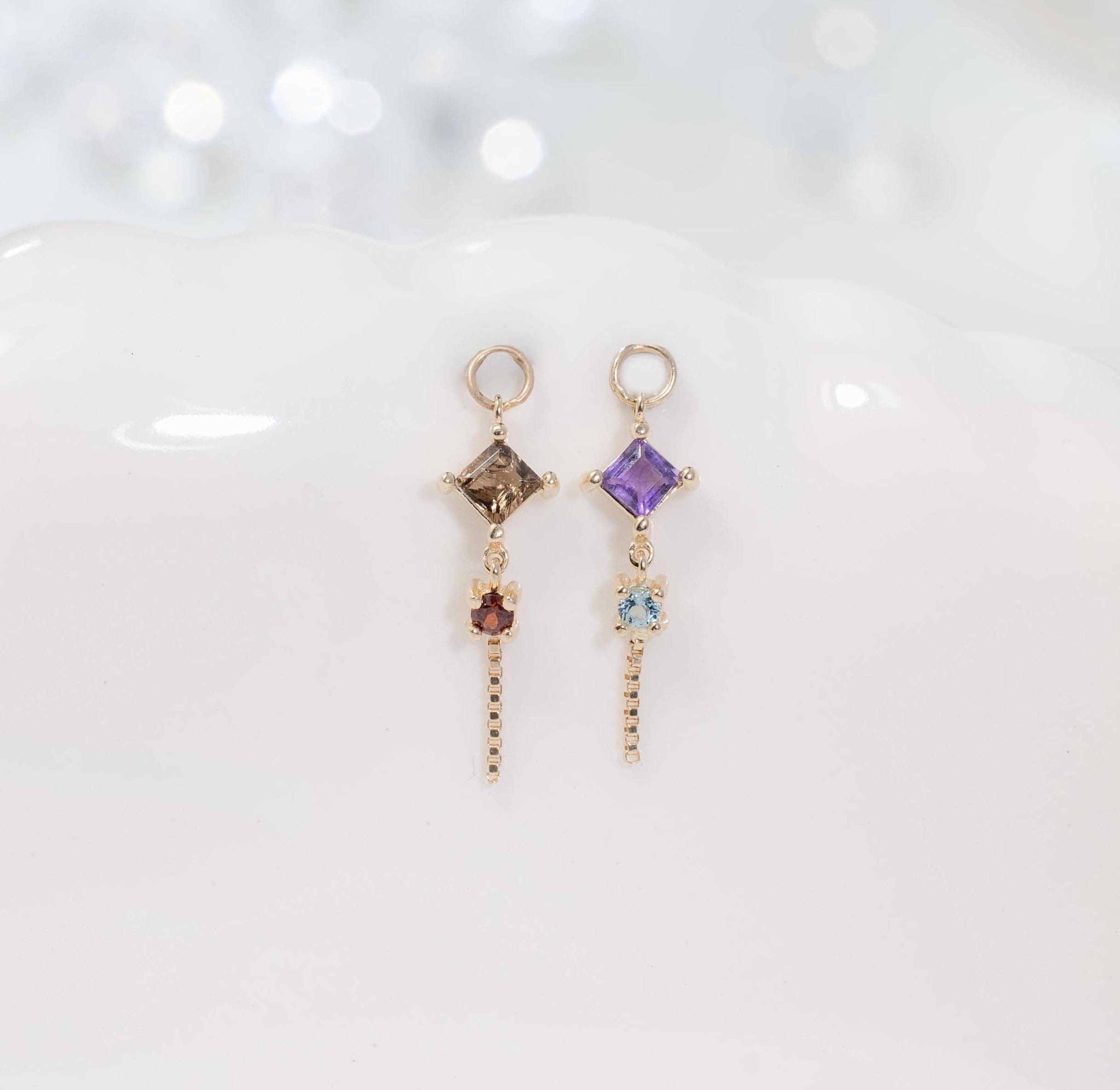 Ciondolo pendente in oro massiccio 14 carati con ametista e topazio blu svizzero/ciondolo in quarzo fumé/ciondolo a cerchio con granato/ciondolo a sca