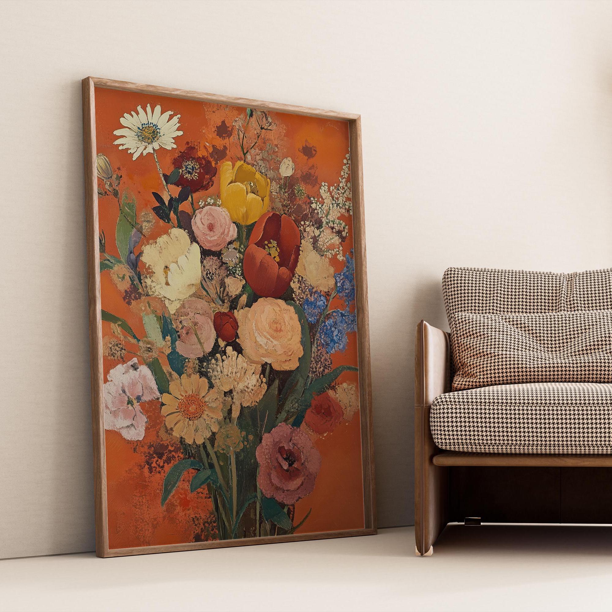 Stampa artistica da parete con motivo floreale boho, dipinto botanico strutturato, poster con fiori colorati in stile vintage, opera d'arte scaricabil