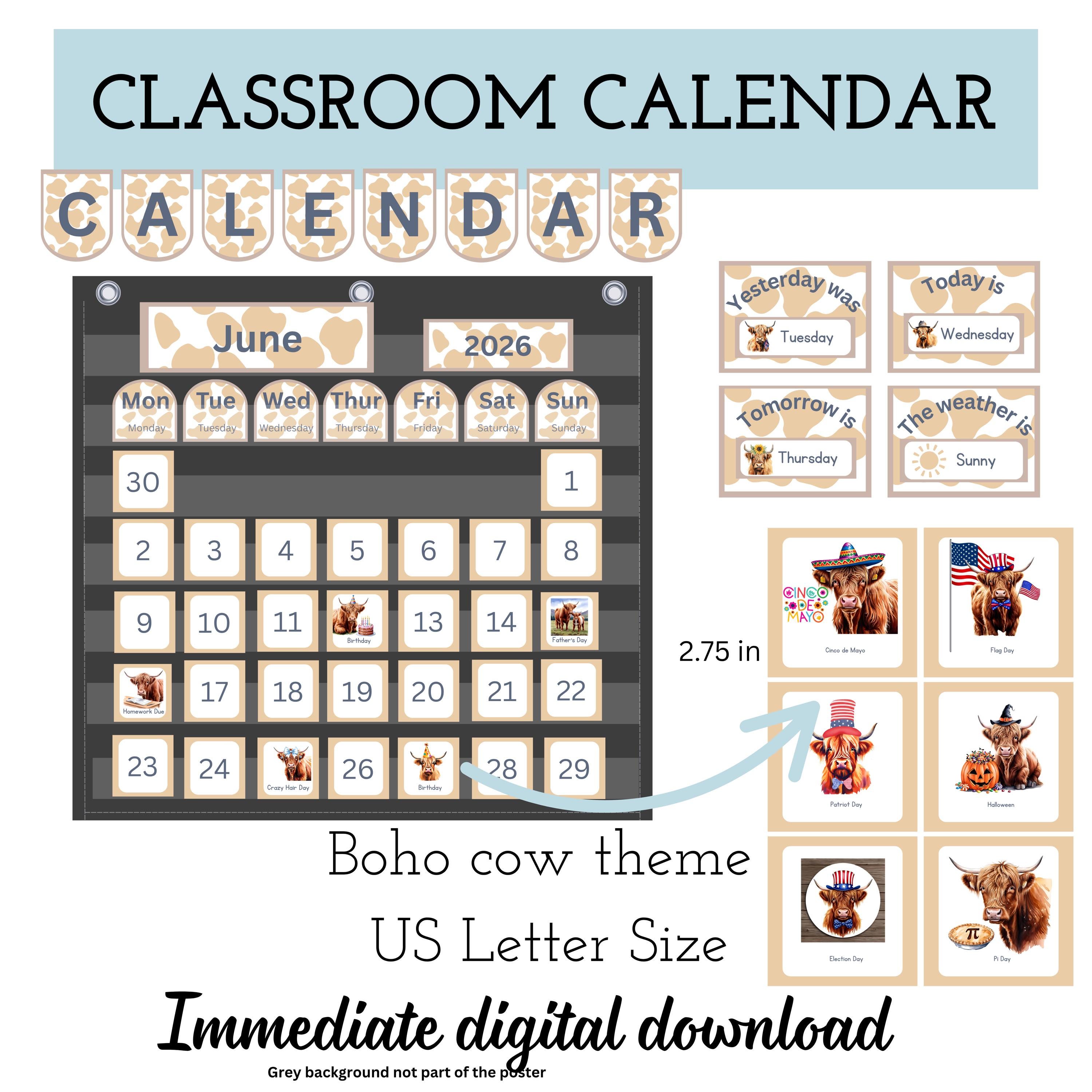 Set di calendari tascabili per l'aula, tema per l'aula mucca delle Highlands, aula western, decorazioni per l'aula mucca, tema animali da fattoria, ca