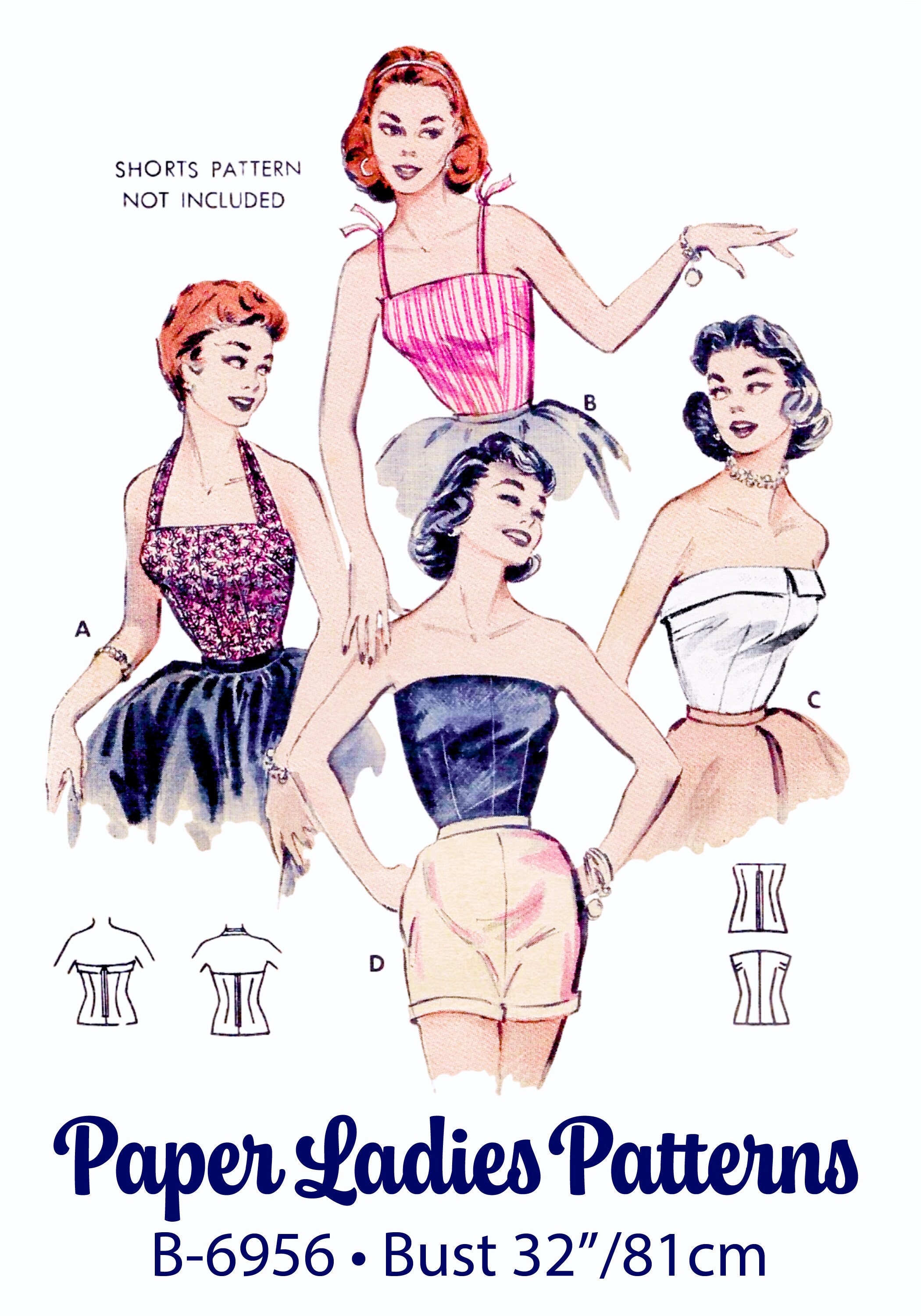 "Modello di cucito bustier anni '50 in PDF * Busto 32\" * Top con scollo all'americana, corsetto, top corto, senza spalline * 1954"