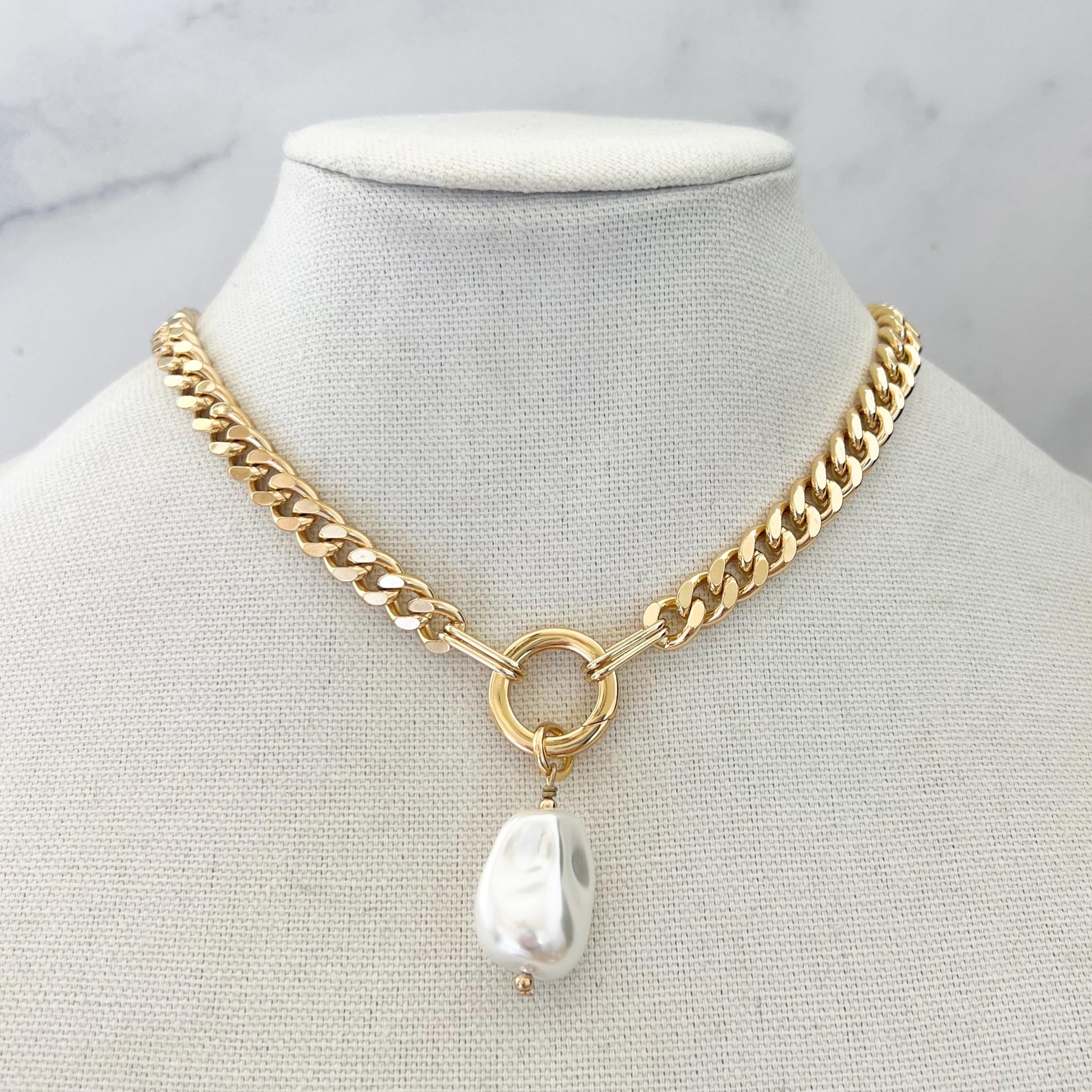 Collana di perle in oro, catena cubana di Miami, collana a catena in oro, collana di perle grandi, collana a catena con perla, ciondolo con perla baro