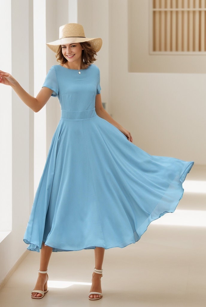 Abito in chiffon, abito midi in chiffon, abito svasato in chiffon, abito aderente e svasato, abito estivo, abiti da donna, abito personalizzato, XiaoL