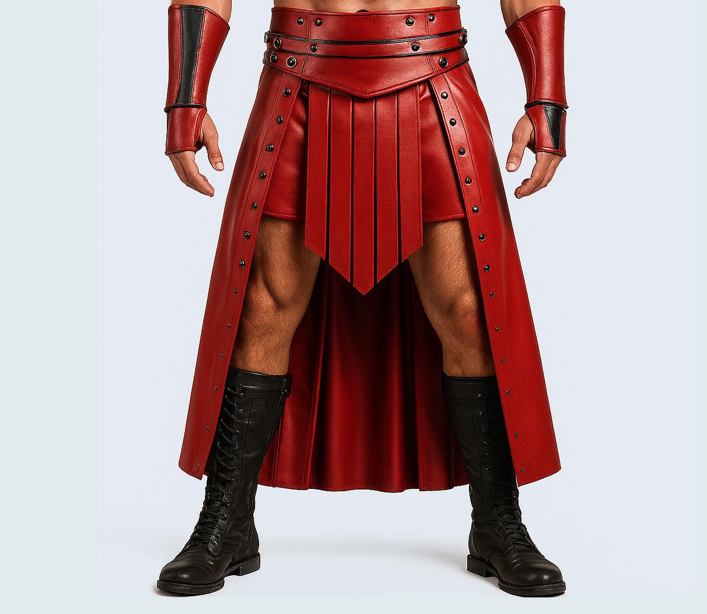 Kilt rosso da uomo in vera pelle - Kilt da guerriero in pelle fatto a mano da uomo - Kilt da gladiatore in pelle gotica da uomo - Kilt da cosplay in p