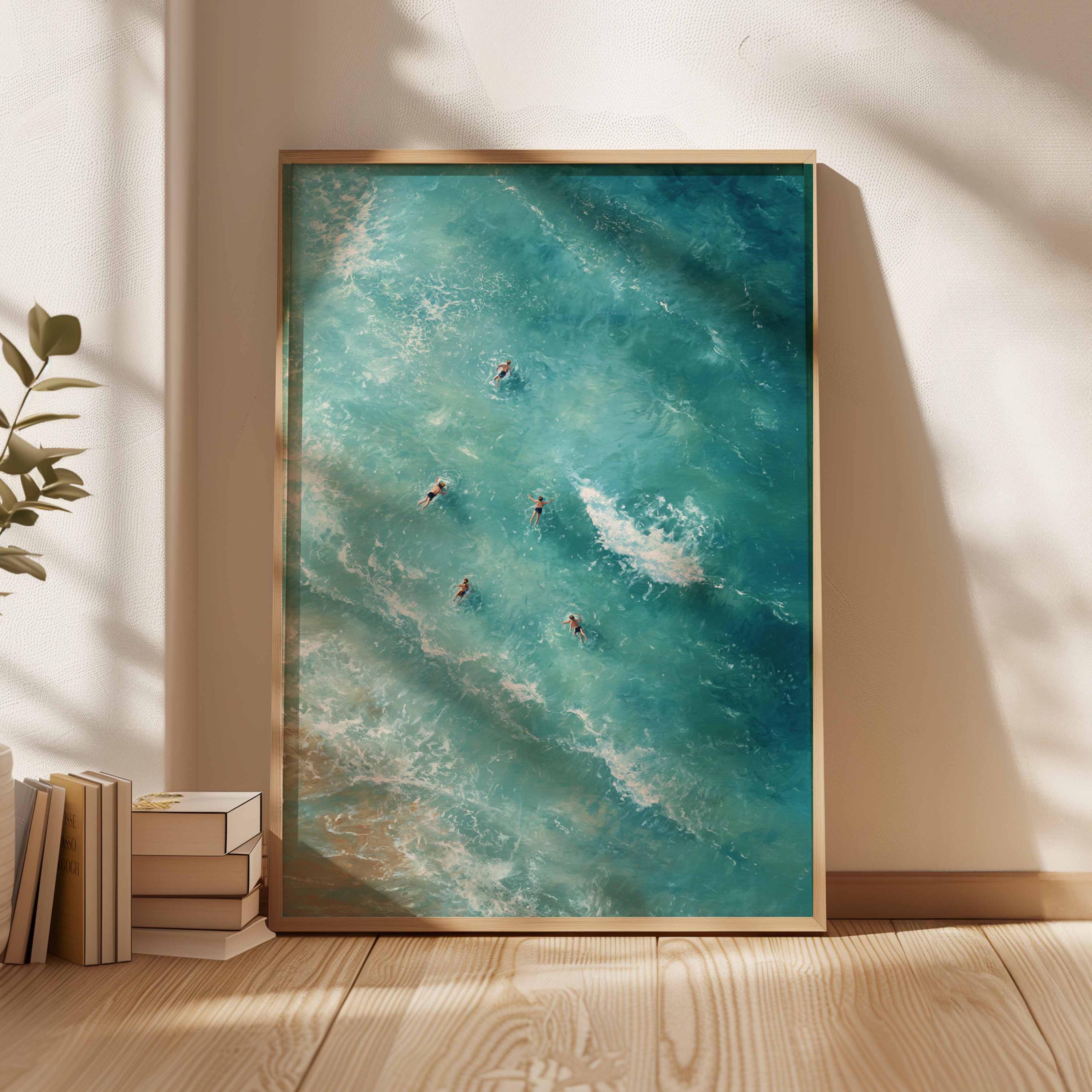 Poster di nuoto, stampa retrò di nuoto, arte murale sulla spiaggia, arte murale blu, stampa estiva sull'oceano, decorazione con dopamina, poster sulla