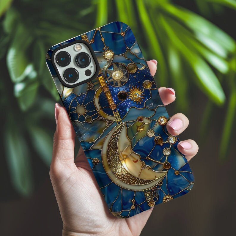 Custodia per telefono con luna e stelle in vetro colorato celeste / Custodia per telefono con design del cielo notturno stellato in vetro colorato fin