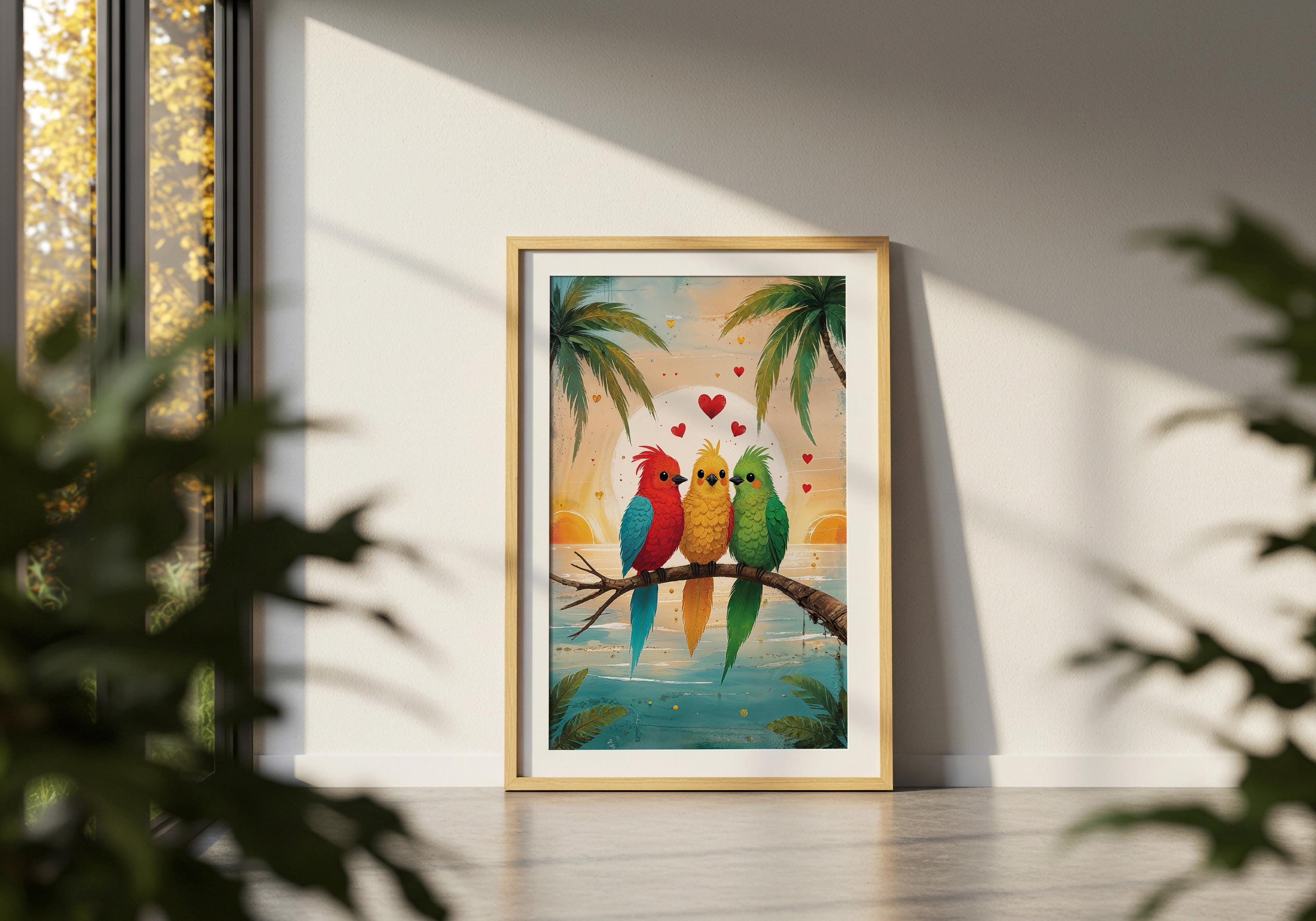 Stampa artistica ispirata a Tre piccoli uccelli, poster reggae di Bob Marley, decorazione murale al tramonto tropicale, illustrazione di uccelli color
