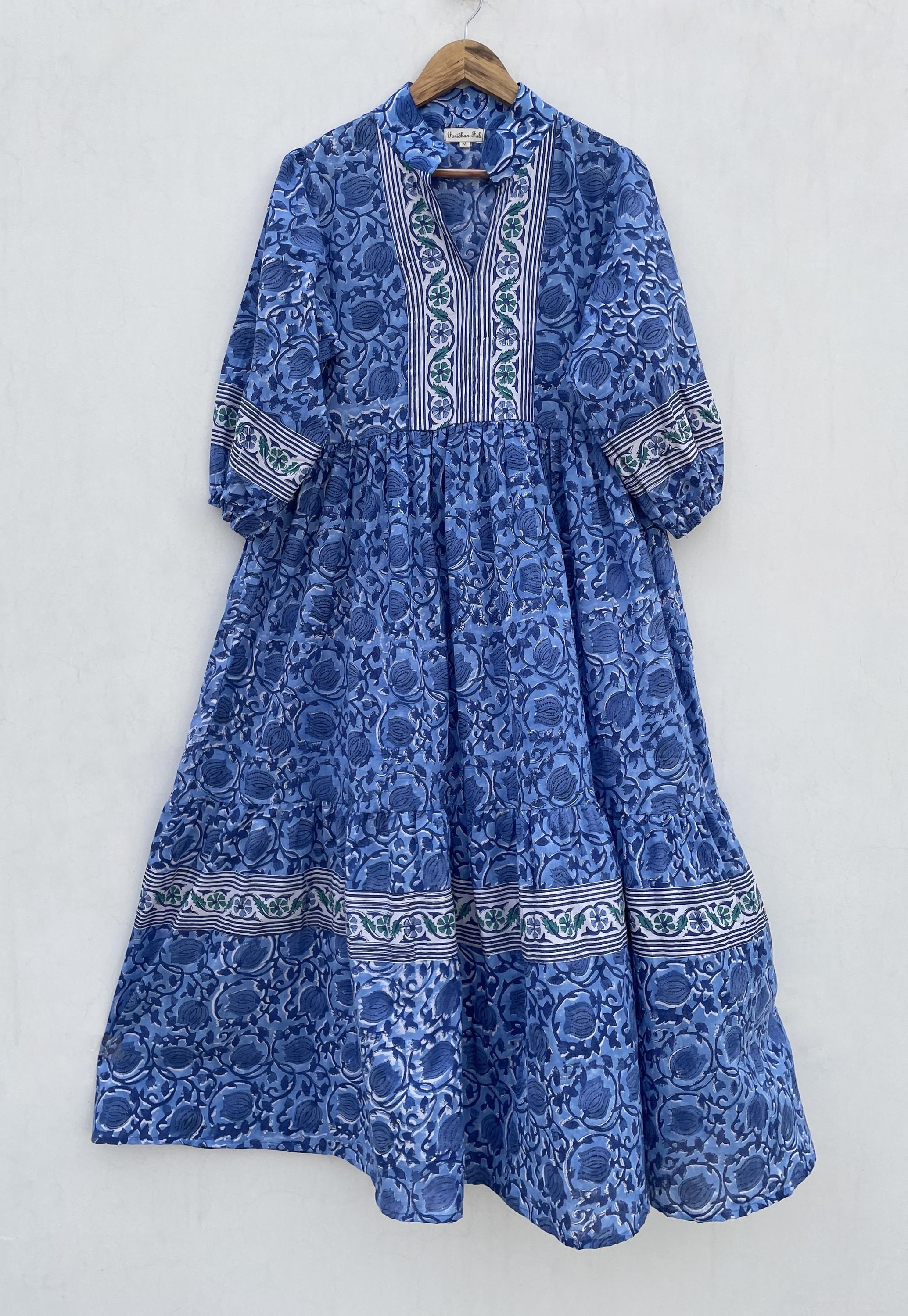 Abito lungo estivo casual blu con stampa jaal / abito lungo da donna con colletto / abito lungo a maniche a 3/4 con bordo