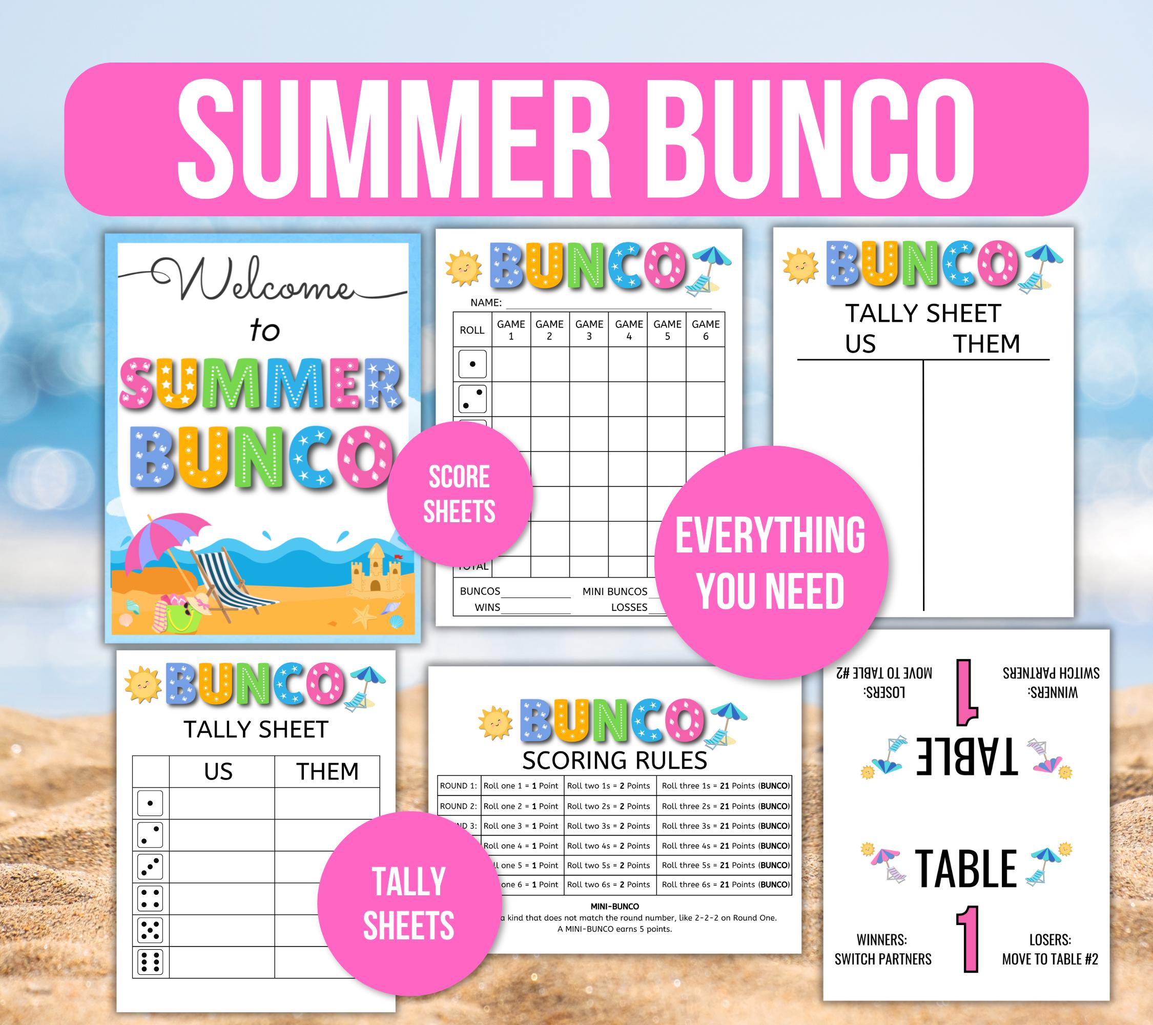 Foglio punteggi Summer Bunco, Summer Bunco, Gioco Summer Bunco, Segnapunti Summer Bunco, Regole del gioco Bunco, Numeri dei tavoli Bunco, Foglio di co