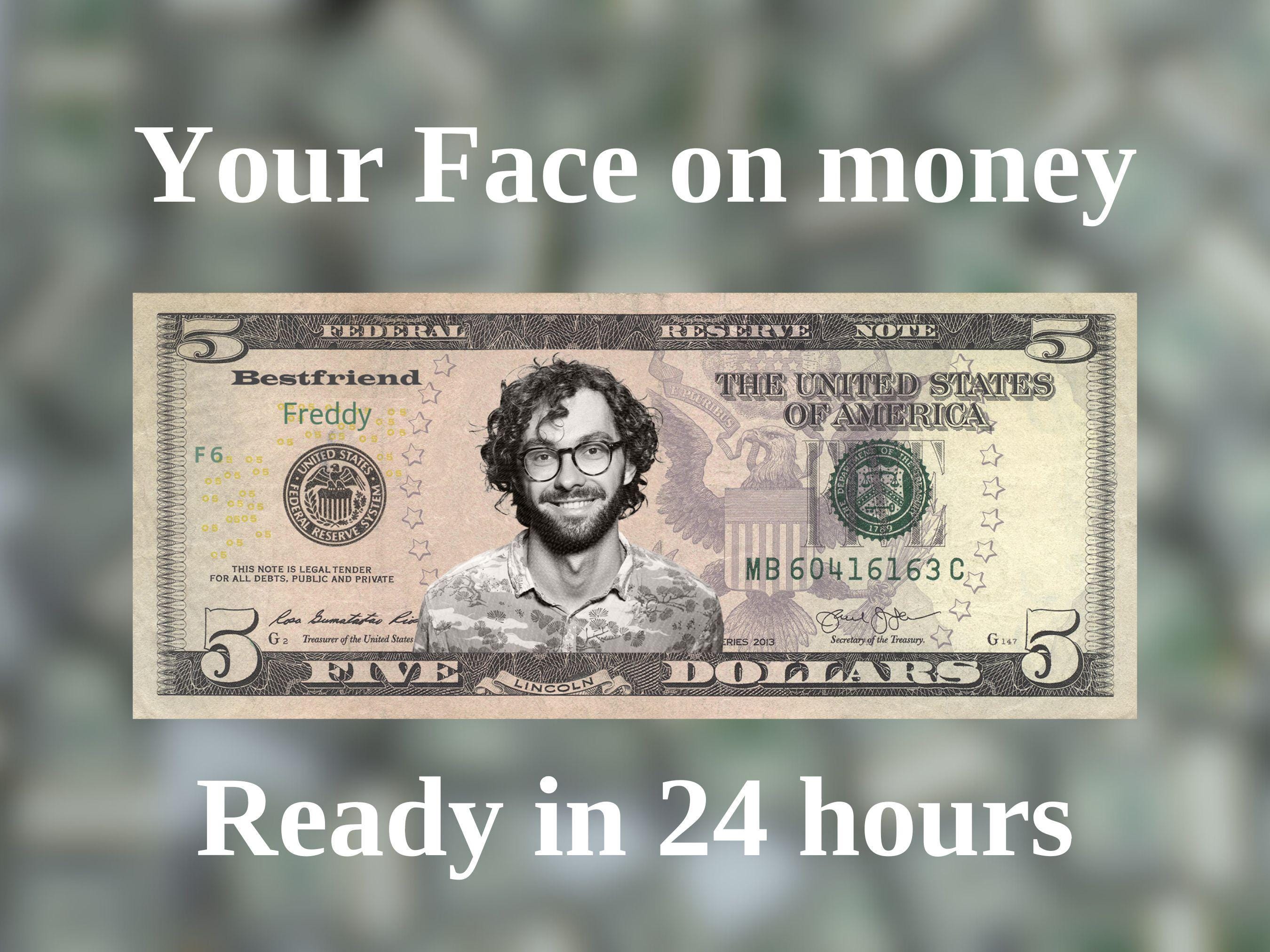La tua faccia sui soldi, soldi da gioco, banconote da 5 dollari, soldi per feste, soldi personalizzati, soldi finti, banconote da un dollaro personali
